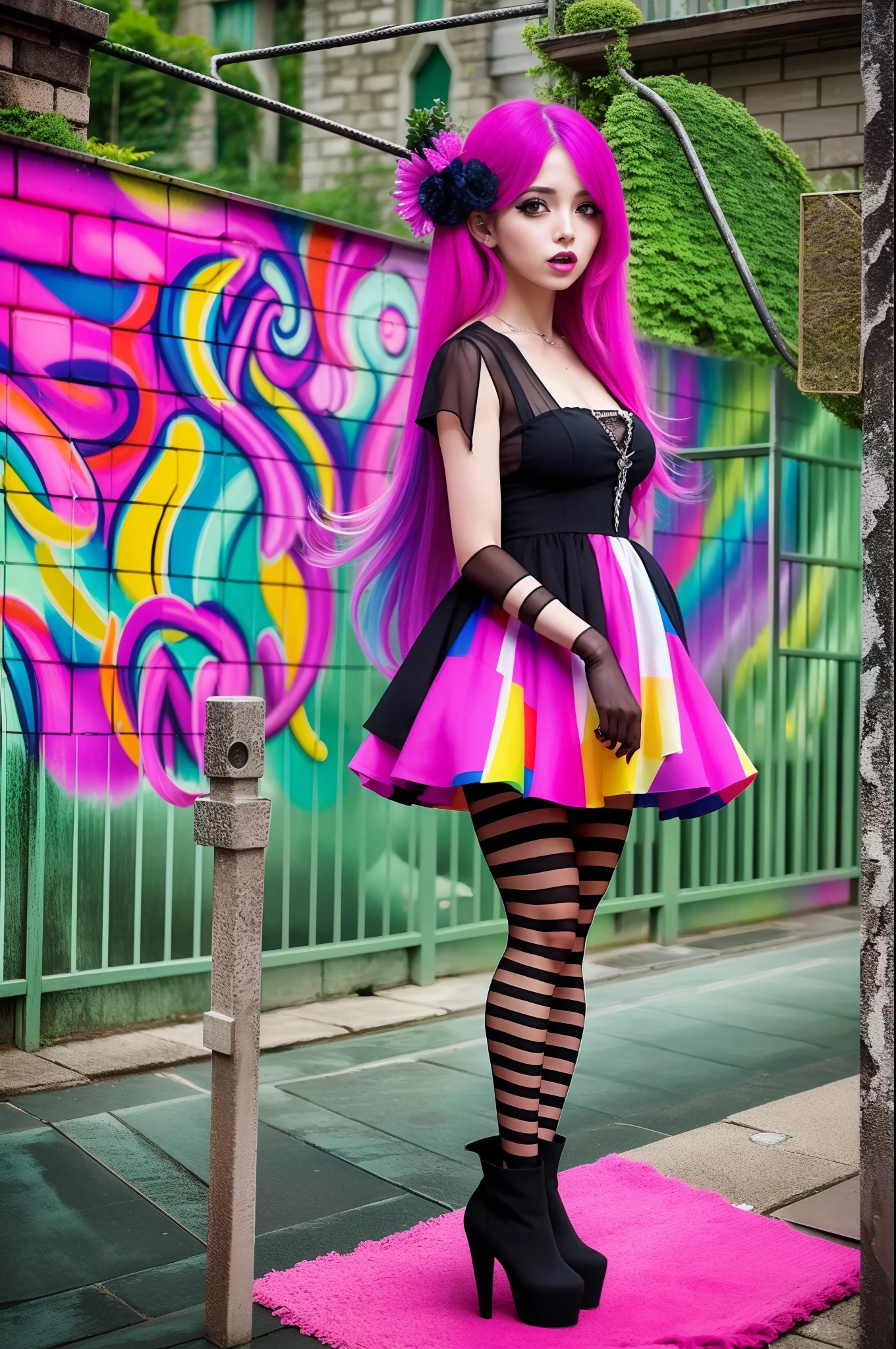 En un hermoso parque una mujer de aspecto moderno. It has a very colorful and striking kawaii gothic style.., con un maquillaje elegante y una peluca colorida.