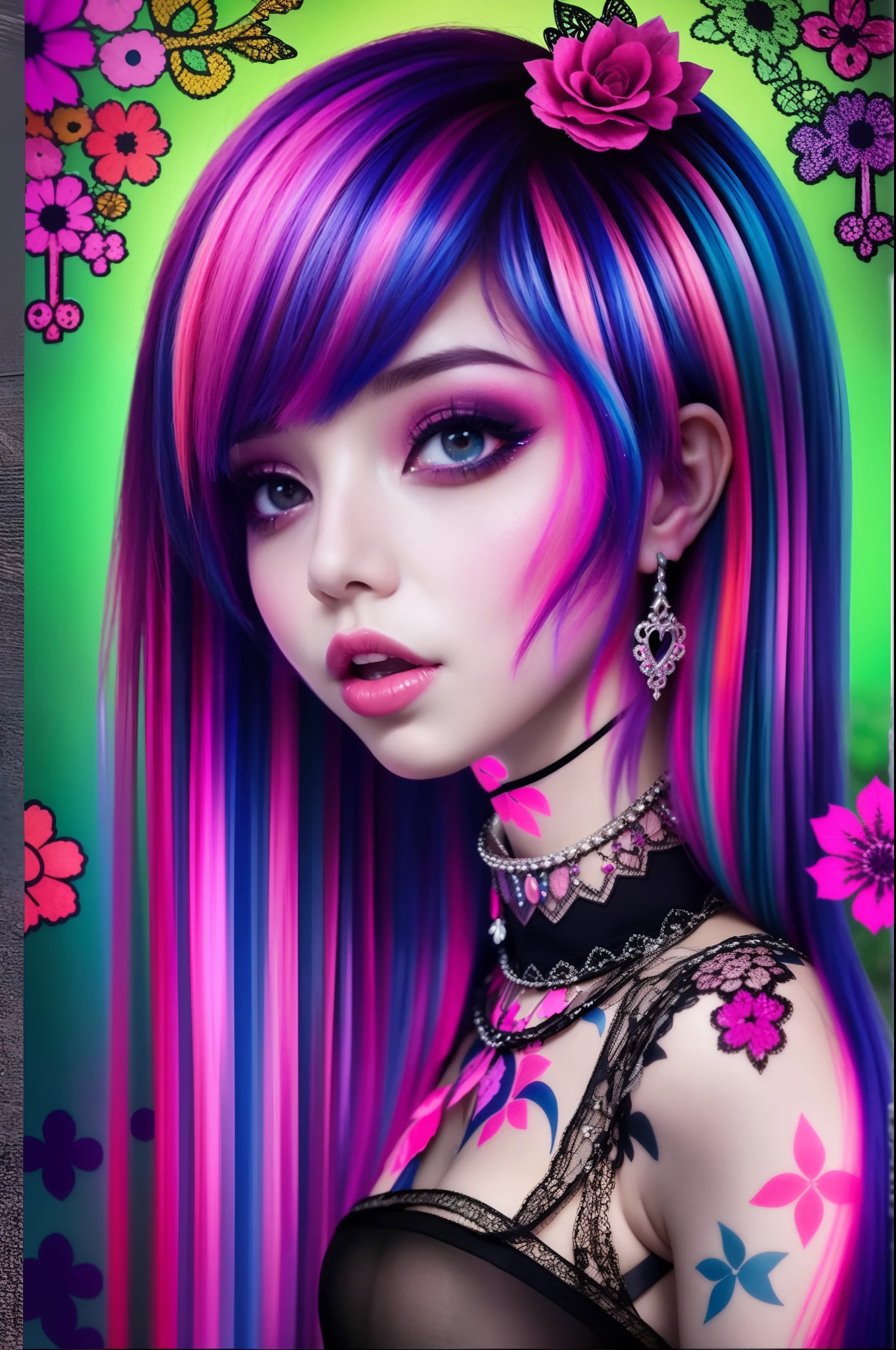 En un hermoso parque una mujer de aspecto moderno. It has a very colorful and striking kawaii gothic style.., con un maquillaje elegante y una peluca colorida.