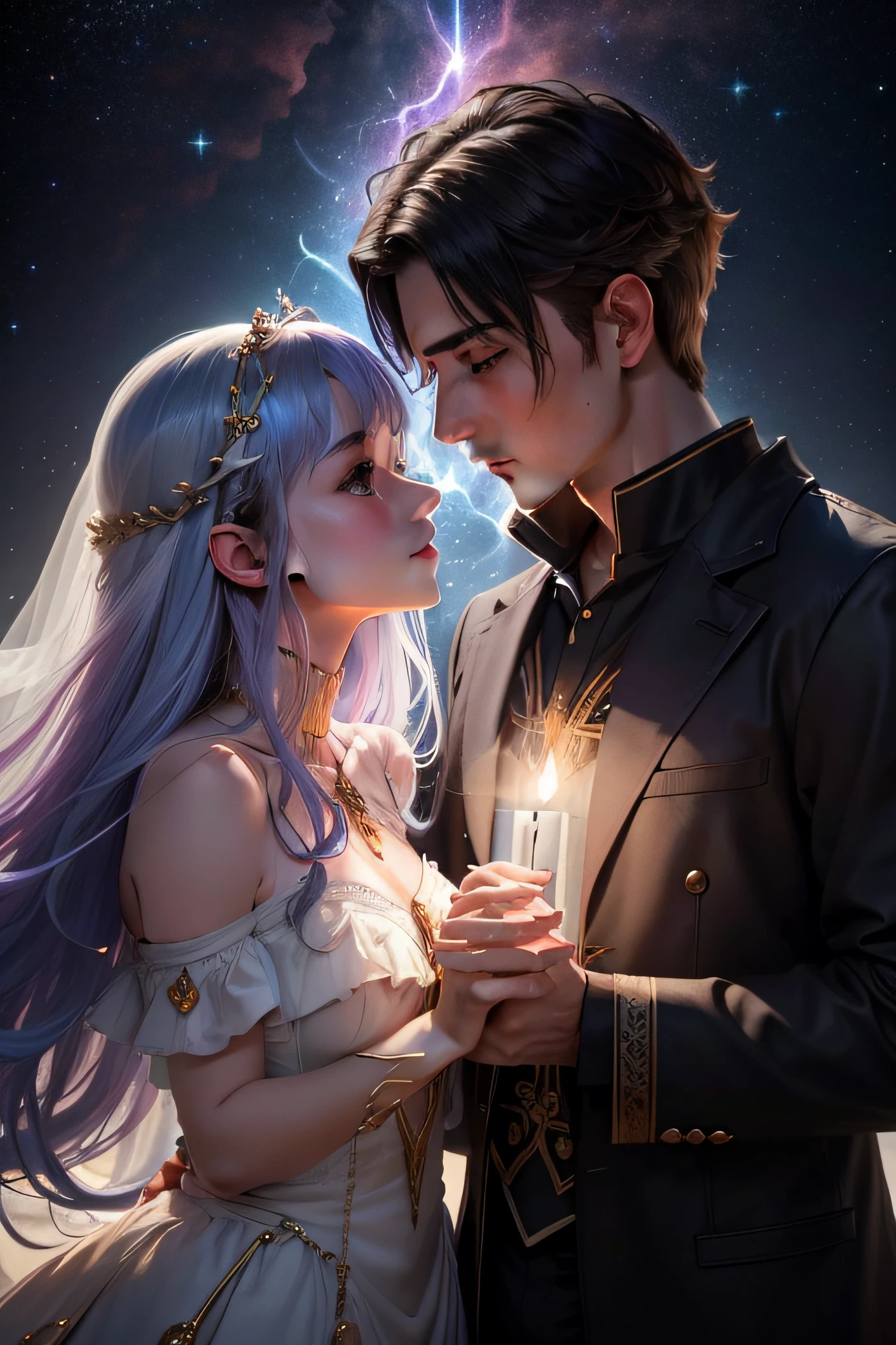 "Por favor, Create an image that encapsulates the fusion between human love and the supernatural realm, with projections of the heart extending across the universe. The scene should depict a man in love and a woman's spirit in love, sharing an intense and transcendental connection.
Visualize a scenario where reality and spirituality intertwine. No centro da imagem, A man with a passionate look finds himself holding hands with a feminine spirit. She's ethereal, with a soft and translucent glow, evoking a supernatural presence.
From the heart of man, radiates a luminous and sparkling heart, estendendo-se para envolver ambos. The projections of the heart create a radiant aura that connects the couple in love to the celestial and cosmic realm.
The projections of the heart also turn into trails of light that run through starry space. Some projections take the form of flowers and leaves, enquanto outras ascendem como raios de luz, Connecting to the stars and constellations, symbolizing the union between the human and the divine.
A paleta de cores deve incluir tons suaves de azul, roxo e dourado, criando uma atmosfera de romance e misticismo. The soft light emanating from the projections and aura gives the image a sense of wonder and enchantment.
The resulting image should capture the deep connection between man and the feminine spirit, with the heart as a link between the earthly and the spiritual, as they venture into the supernatural and cosmic realm."