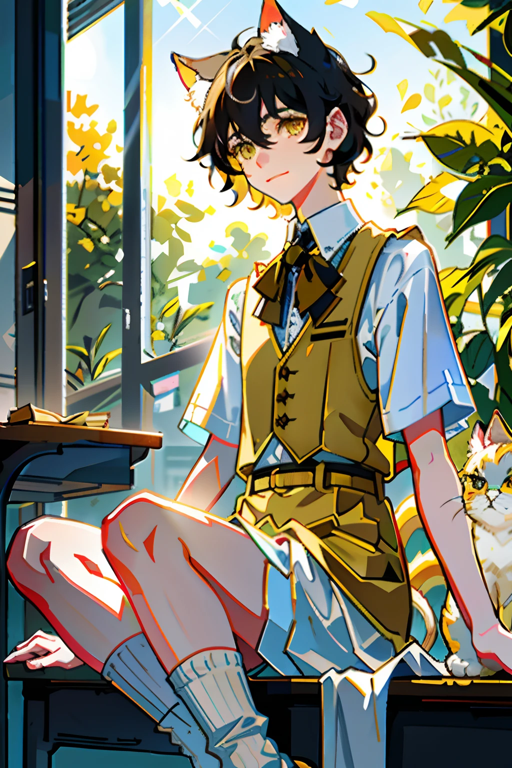 1boy,((tmasterpiece)),((((best qualtiy))),19-year-old youth,Cat-eared boy,Short black curly hair,The hair is curly,Yellow eyes,White cat ears,ssmile,Gorgeous shirt,Tighten the vest,Cat sock clips,Calf socks,Tunic,As an accessory,详细的脸,detailed hairs,Background of details,Diffused sunlight,depth of fields,Background bokeh,University Classroom(tmasterpiece,best qualtiy)
