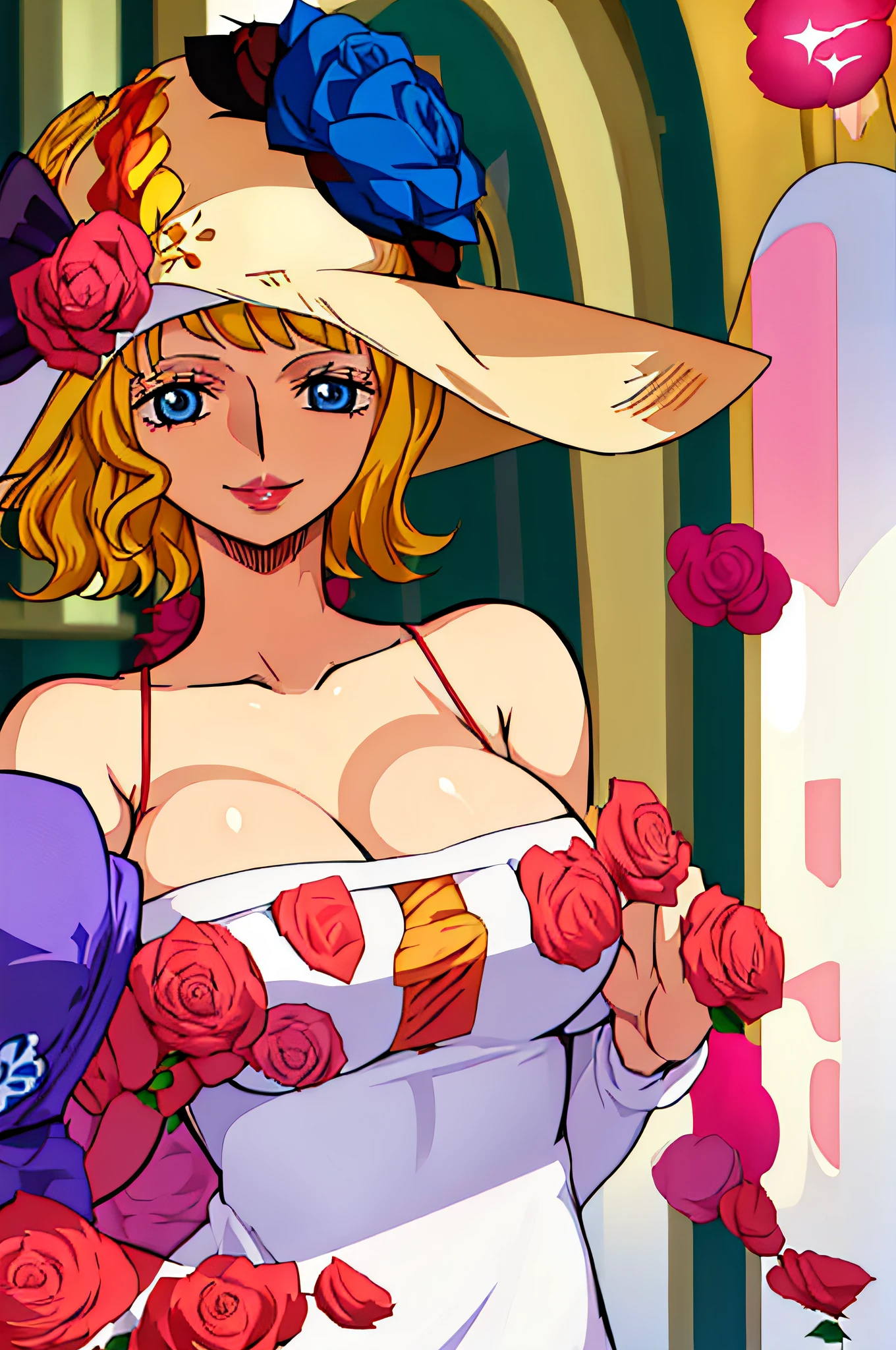 stussy_\(one_piece\), 1girl, blue eyes, blonde hair, white_dress, flower, hat, rose, short hair, smile, huge_breasts, hat flower, lips, standing, bare_shoulders, room,