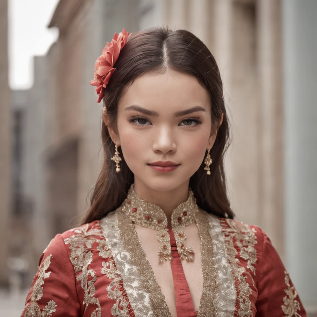 Mid-range close-up,uma menina chinesa do peito grande,The backdrop is a modern city