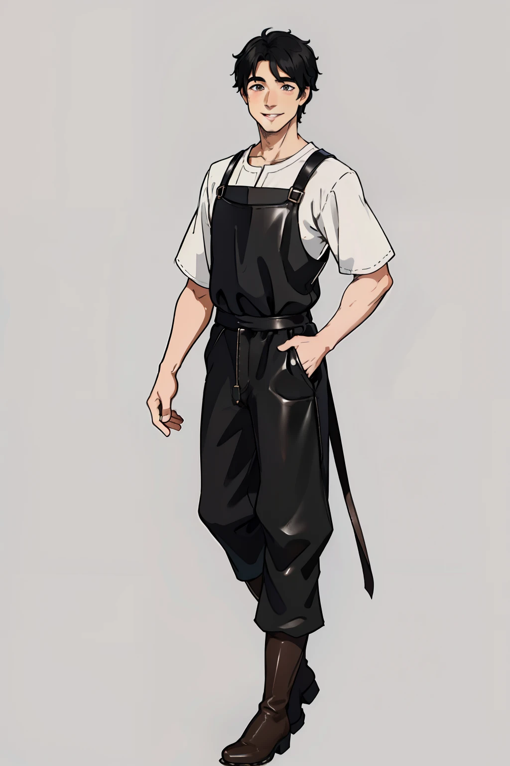 (1male, short black hair, gentle eyes and smile), ((simple peasant tunic, trousers, leather boots)), fantasy, medieval, (full body, standing), pale skin with rosy cheeks