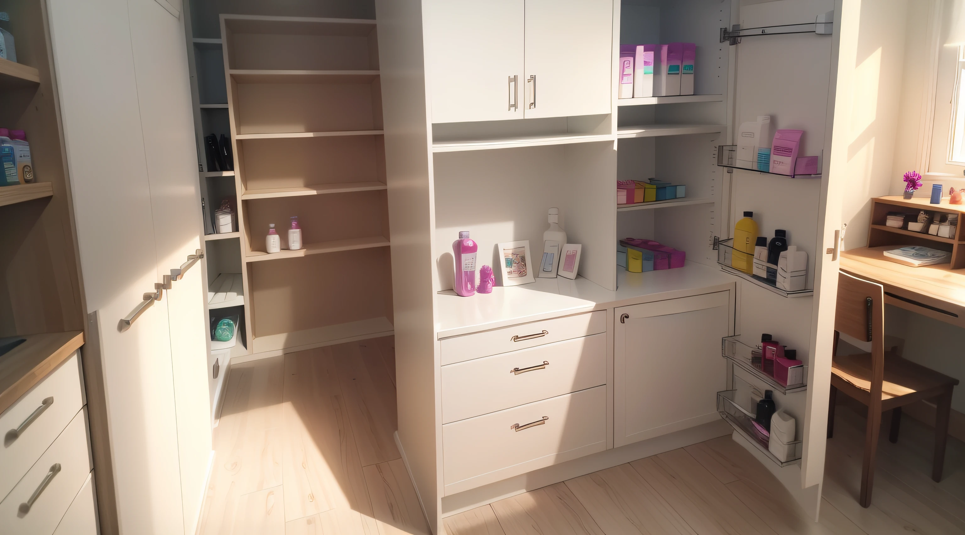 open cabinet, Inside on the shelves packs of creams and body lotions, 8k, Hiper realista, alta resolução, alto detalhe