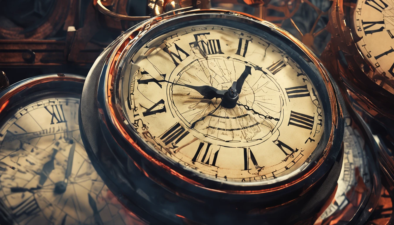 face of a time traveler with clock around him