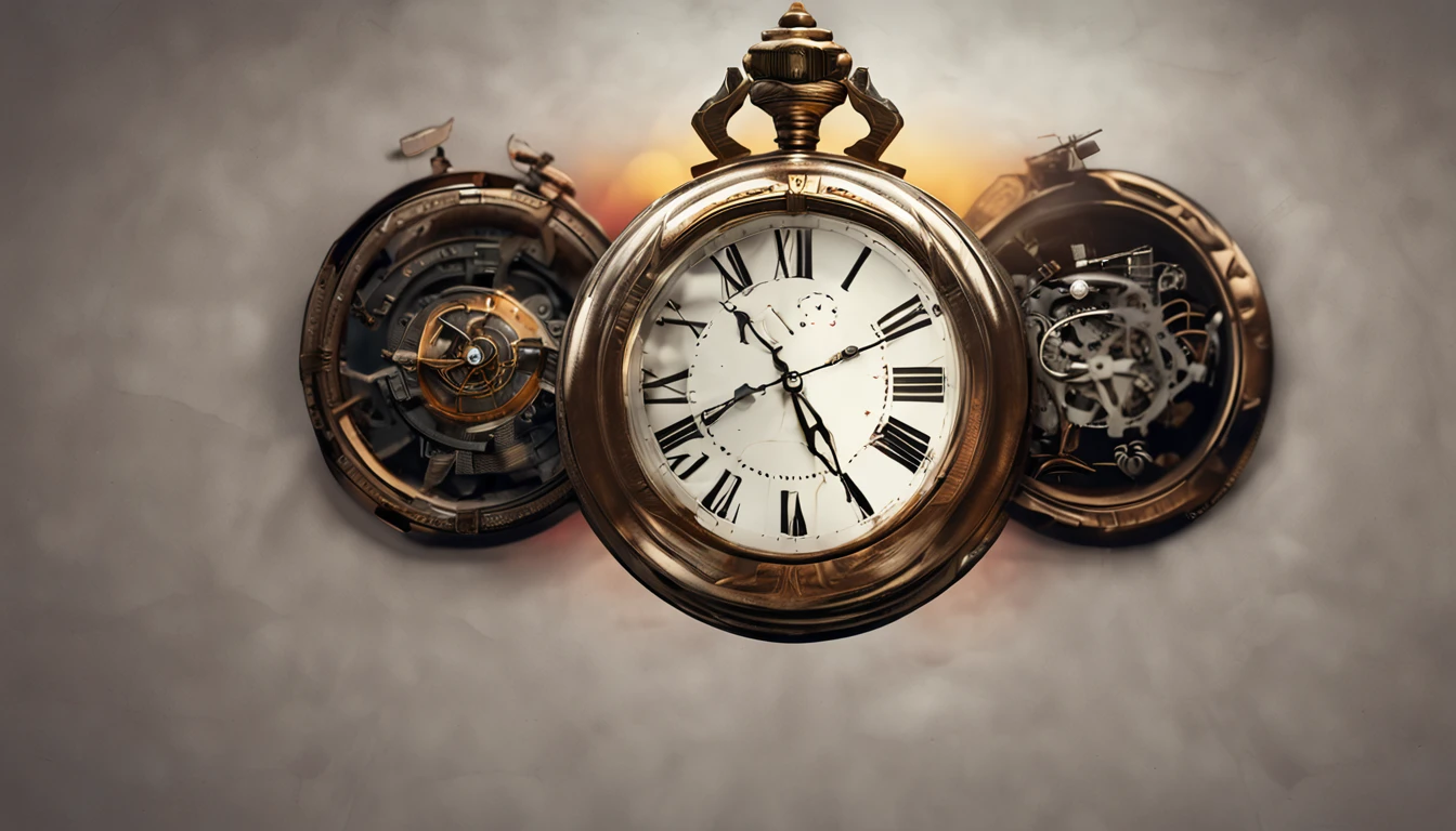 face of a time traveler with clock around him