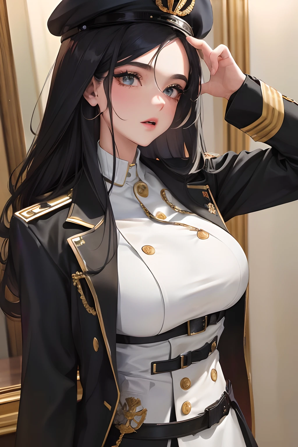 (highest resolution, distinct_image) melhor qualidade, mulher, obra-prima, alto detalhe, semi-realista, cabelo curto preto, cabelo preto, franja, 21 anos, maduro, jovem, roupas pretas, uniforme preto, black cap, military school beauty Heroic and heroic inner background exquisite and exquisite facial features,voluptuosa,sensual