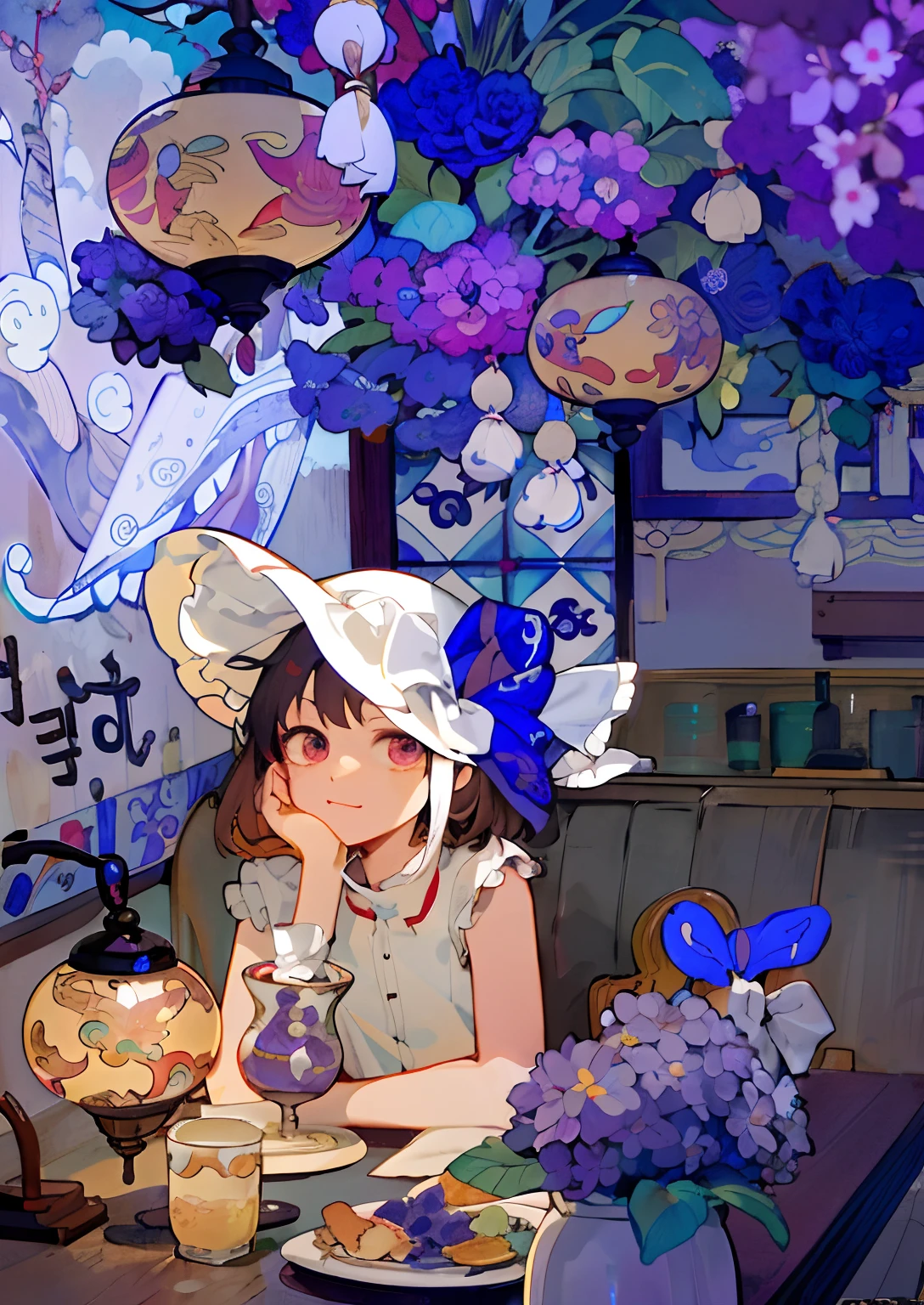 Anime girl sitting at table，Holding a plate of food and flowers, Loli, from touhou, mysterious coffee shop girl, author：Uesaka Seka, anime art nouveau, Touhou, touhou project, korean art nouveau anime, touhou project official artwork, author：Kikukawa Sakaeyama, lofi-girl, romanticism lain