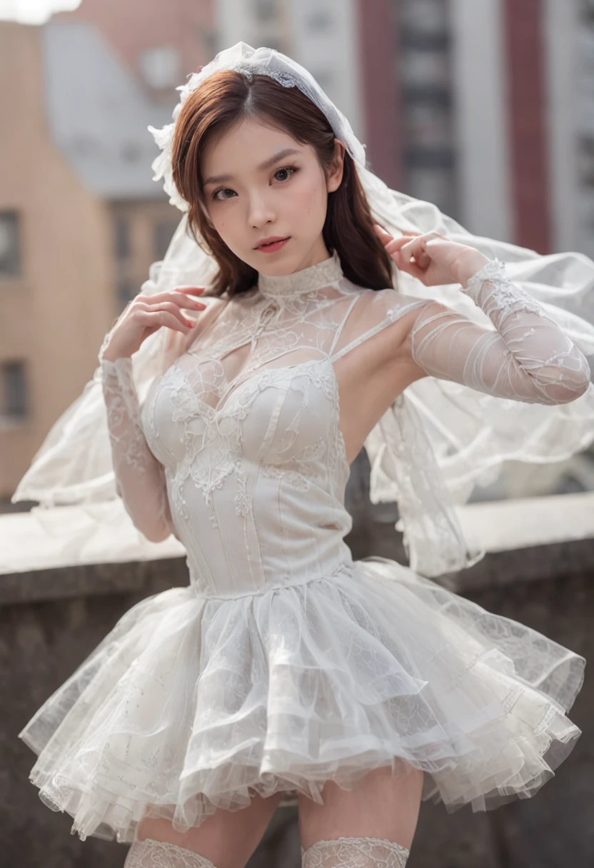 A girl，ChineseGirl，（Di Li Gerba）Wearing a fudge white Spider-Man dress，Stand on the roof of the city，Exquisite facial features，A seductive pose，Lace pleated skirt，White stockings with lace，A huge glowing Spider-Man mark on the chest，cabellos largos dorados，Blue glowing pupils，