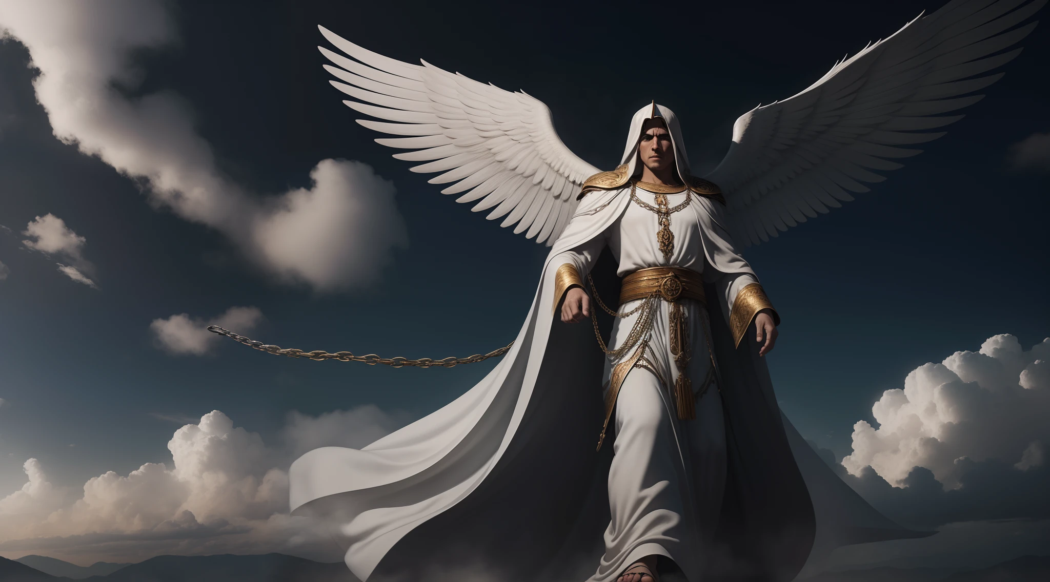 There is an angel man in a ((manto branco e detalhes dourado)) with a large chain held in his hand and, On the other hand, uma grande chave, O Deus Imperador da Humanidade, picture of a male cleric, perfect face descending from the cloud-covered sky in an imposing manner, muitas nuvens ambiente do apocalipse, neblina e ambiente do apocalipse... Realistic epic image. Seja Angelical, angel descending from heaven with white heavenly robe and a chain in his hands. Motor Unreal 5.