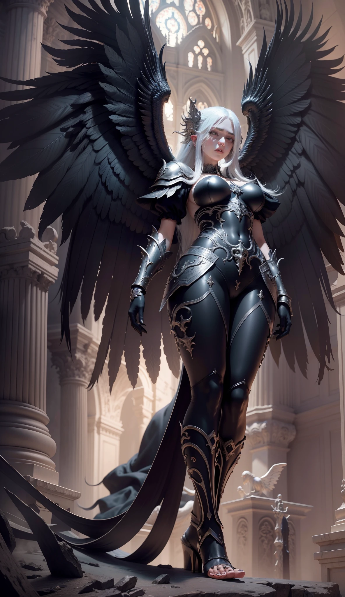 Long white hair，The face of an angel, Beautiful legs that show bloody flesh, Women's feet, Round breasts, angelicales, the fallen angel, One black and one white wings, Silver sacred armor, surrealism, opulent, Gothic, tentaculata，ogre，Cthulhu，Angels are tortured，The angel expression was painful，holy rays, 8K, Super detail