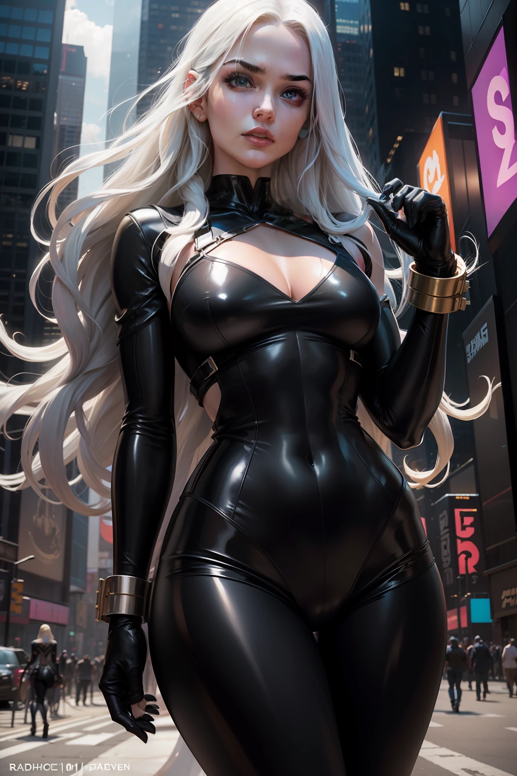 New York, Time Square Avenue, , V-waist, white feather cuffs, V-neck mid-tummy, beautiful known as Felicia Hardy Power Girl, long silver hair, black robin-style mask, Radiates energy in her iconic Shiny Black bodysuit PVC, white gloves with white feathers on the cuffs, endowed with superhuman strength and breathtaking vision; Her keen intellect and indomitable spirit drive her to uphold justice. The Power Girl costume, worn [is a symbol of her strength and commanding presence. With a bold design, it has a wide v-neckline to the waist, in shiny black PVC. the "cleavage" highlights her confidence. The combination of elegance and power in the costume reflects the heroine's fearless personality and superhuman ability, (best quality: 1.0), (Ultra Highres: 1.0), highly detailed face and eyes, (photorealistic: 1.2)