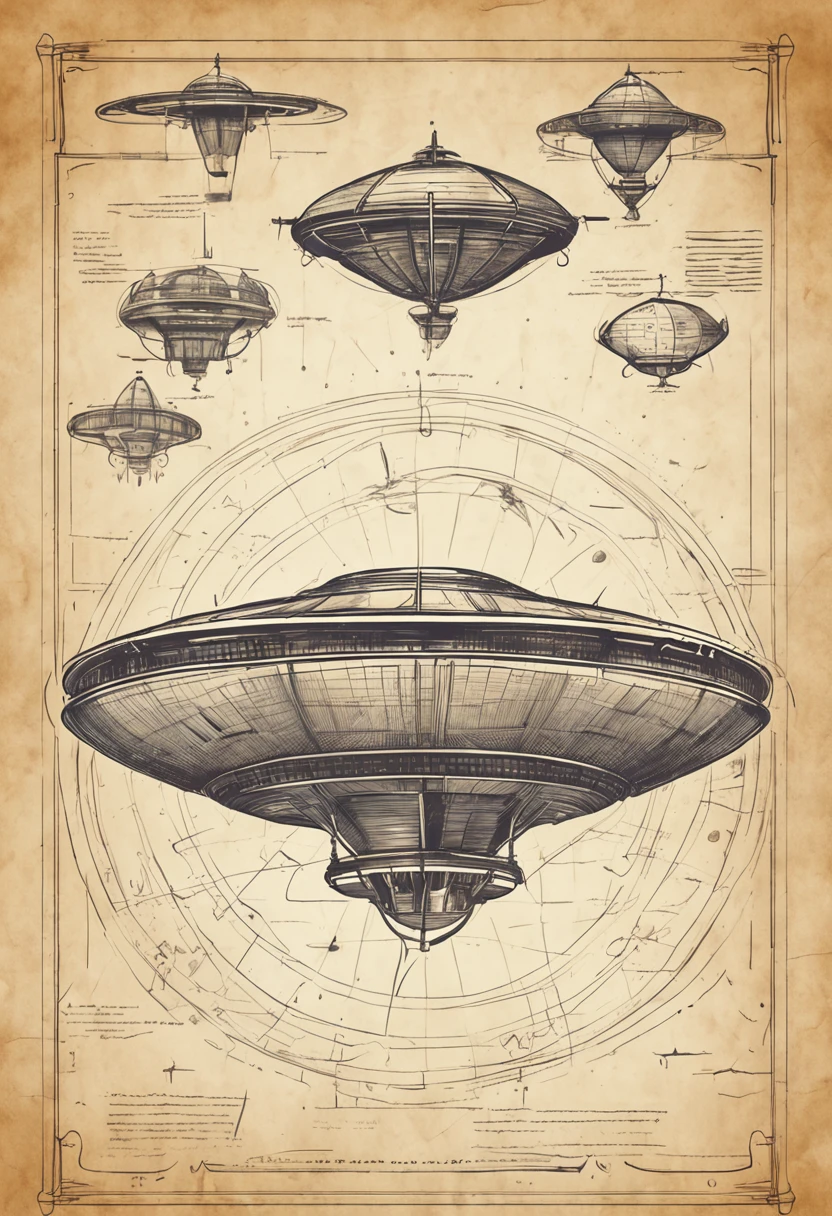 Alien spaceship, flying saucer, in the style of DaVinci invention sketches, old paper, blueprint, abduction, viewer from below