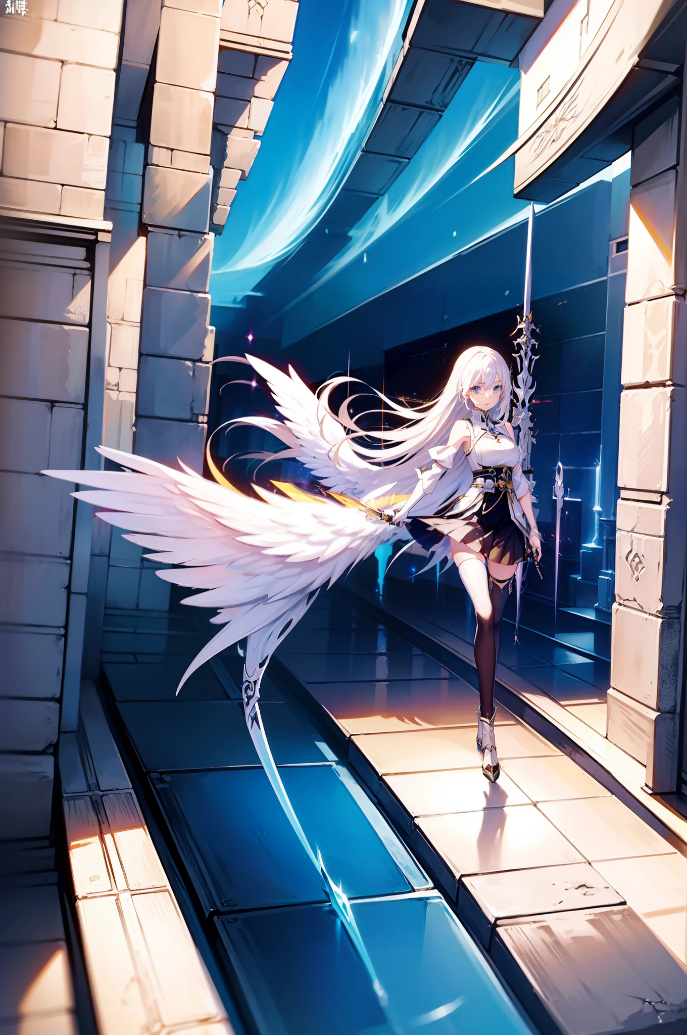 Anime girl with white hair and wings holding a sword, From the night of the ark, Anime epic artwork, Anime fantasy artwork, cushart, ethereal and mecha theme, arknight, 2. 5 D CGI anime fantasy artwork, angel knight girl, big white glowing wings, White wings, epic anime fantasy, inspired by Krenz Cushart, ethereal anime, kancolle