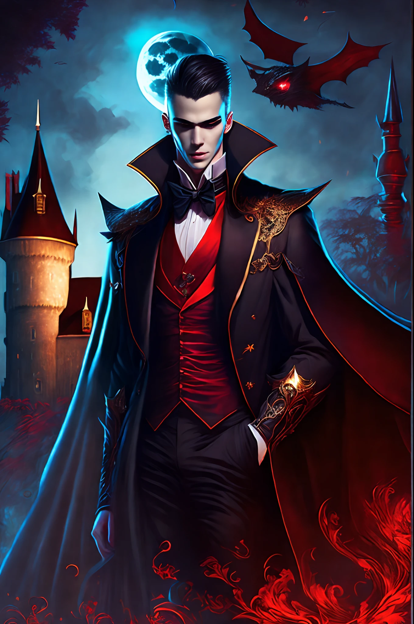 fantastic realism with symphonic metal style, ((beautiful mythological monster vampire)), full body shot, (heat haze:1.21), medium hair slicked back with light black, shining golden eyes is slant up, reversible light black and red cloak hides the body, black tuxedo, white shirt, wine red tie, black leather shoes, full moon night castle detailed background, horror core, (cyan blue glow:1.2), 2.5d anime illustration, airbrush painting, digital art, digital concept art, professional artwork, dark and intricate, extremely beautiful art,