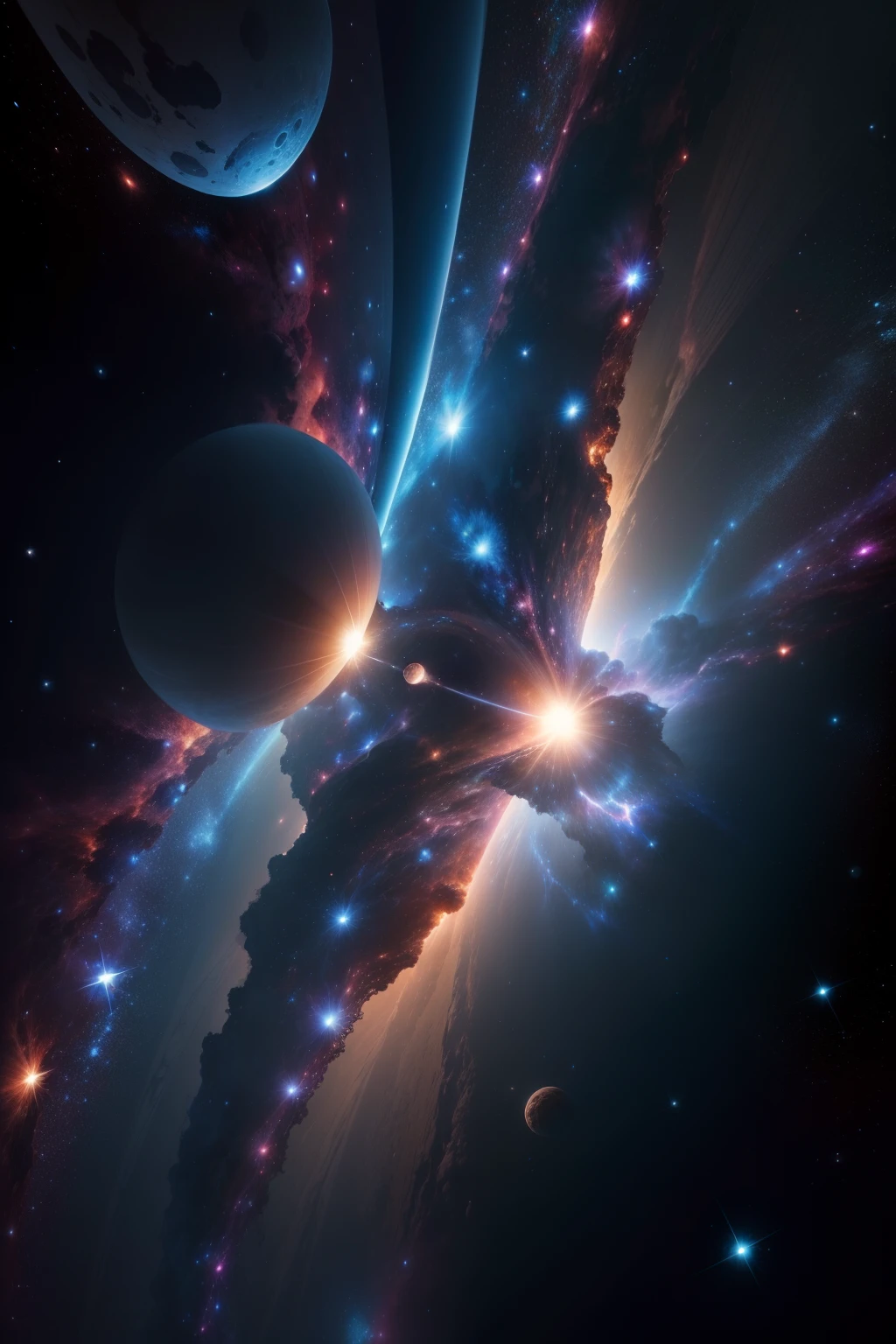 A breathtaking view of space reveals a distorted galaxy teeming with strange life forms and entities that defy human understanding.