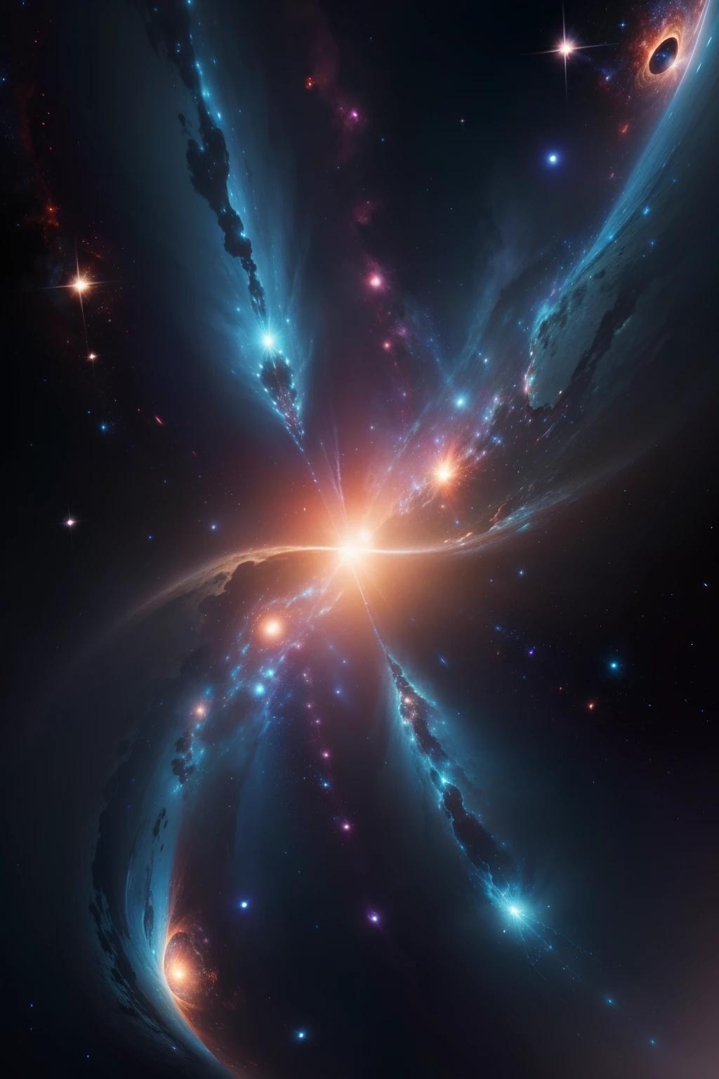 A breathtaking view of space reveals a distorted galaxy teeming with strange life forms and entities that defy human understanding.