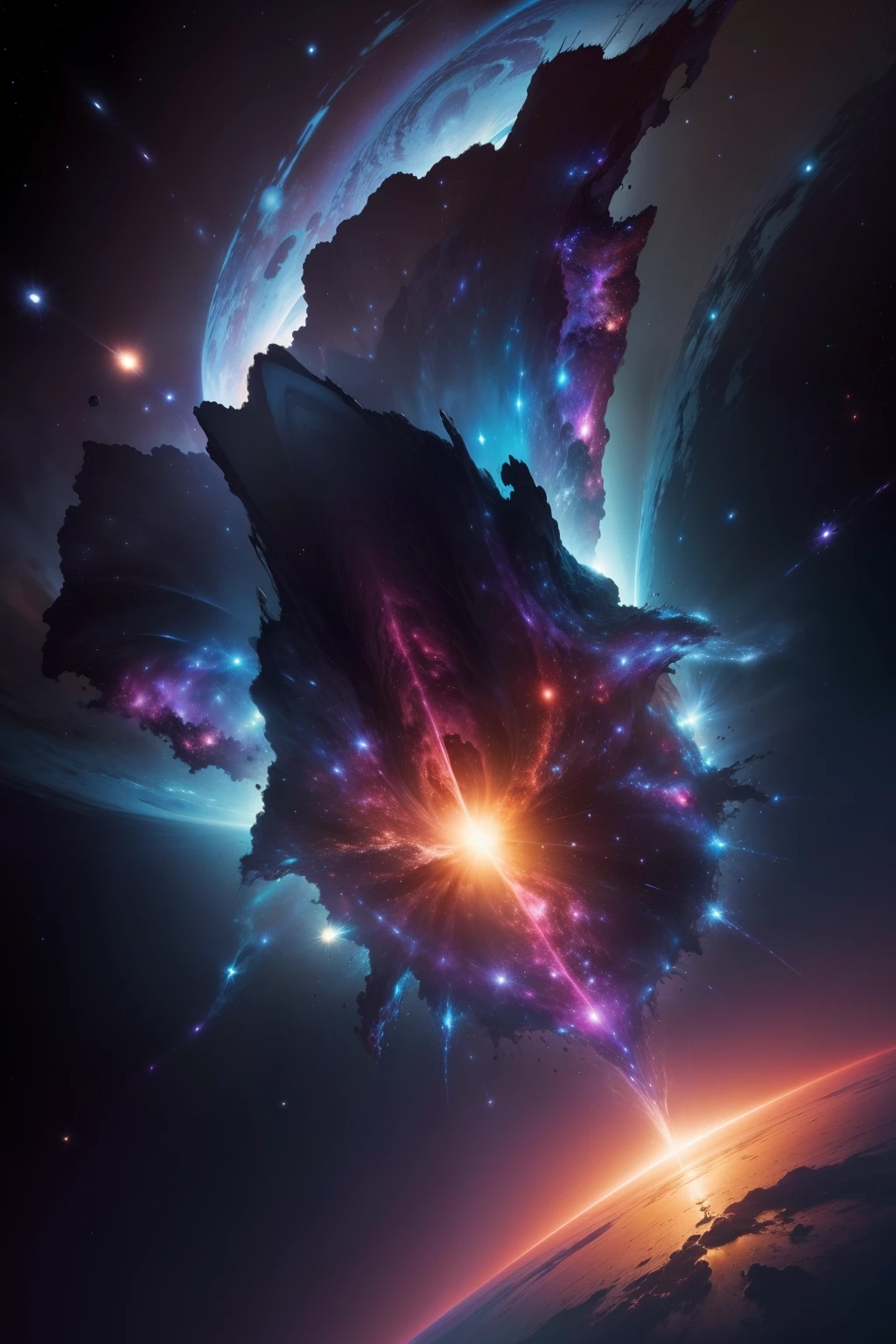 A breathtaking view of space reveals a distorted galaxy teeming with strange life forms and entities that defy human understanding.