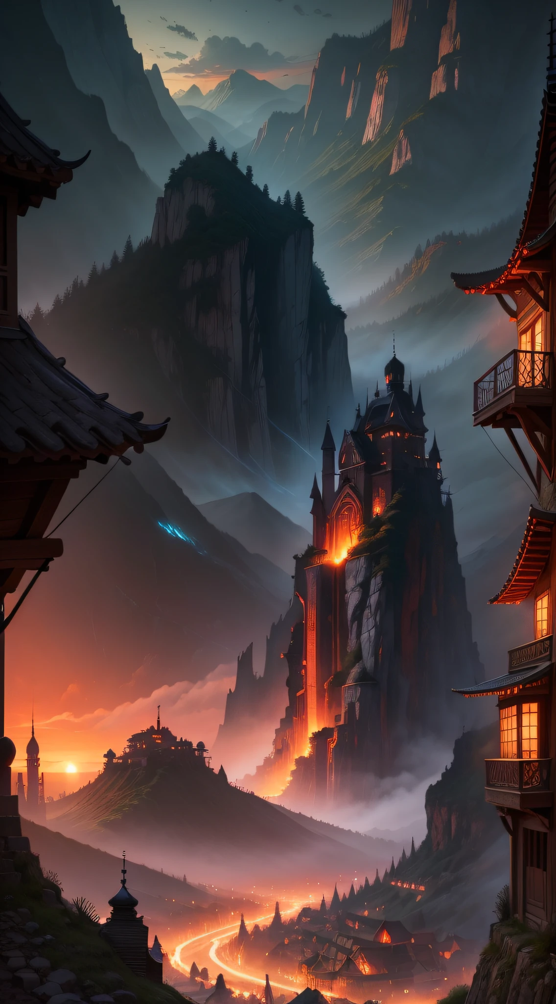 Night valley in the ancient village at sunset, Art style in fantasy style, dazzling urban landscape, loish, Dark gray and red, Kawasi, Exotic landscape, mountainous vistas