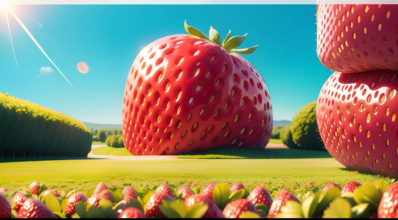 Strawberry field with lots of strawberries, sunny day, Picture taken from the ground , high quality , beautiful picture , Disney Pixar style