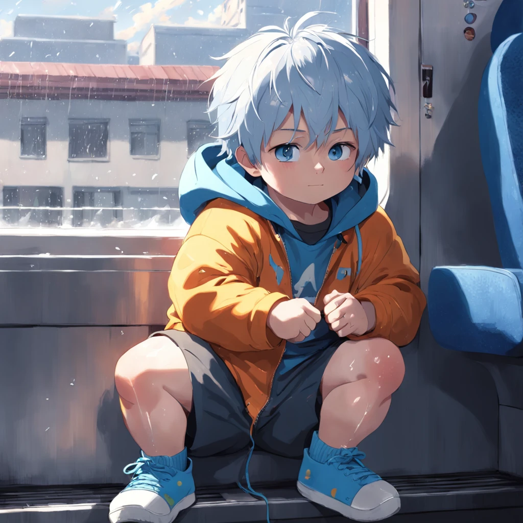 Masterpiece, chubby  boy with white hair and shiny bright blue eyes and small socks wearing a hoodie, and oversized sweatpants sitting in a train, raining outside window, young, boy, child,l, toddsoft lit, (sweatpants:1.4), (Boy:1.4), (Shota:1.4), (Young:1.4), (Male:1.4), (smiling:1.4), (foot:1.4), (shy:1.4), (pastel:1.0), (colors:1.0), (cute colors:1.0),