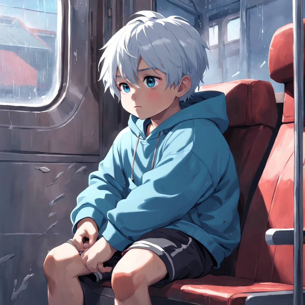 Masterpiece, chubby Little boy with white hair and shiny bright blue eyes and small socks wearing a hoodie, and oversized sweatpants sitting in a train, raining outside window, young, boy, child, small, toddler, soft light, (sweatpants:1.4), (Boy:1.4), (Shota:1.4), (Young:1.4), (Male:1.4), (smiling:1.4), (foot:1.4), (shy:1.4), (pastel:1.0), (colors:1.0), (cute colors:1.0),