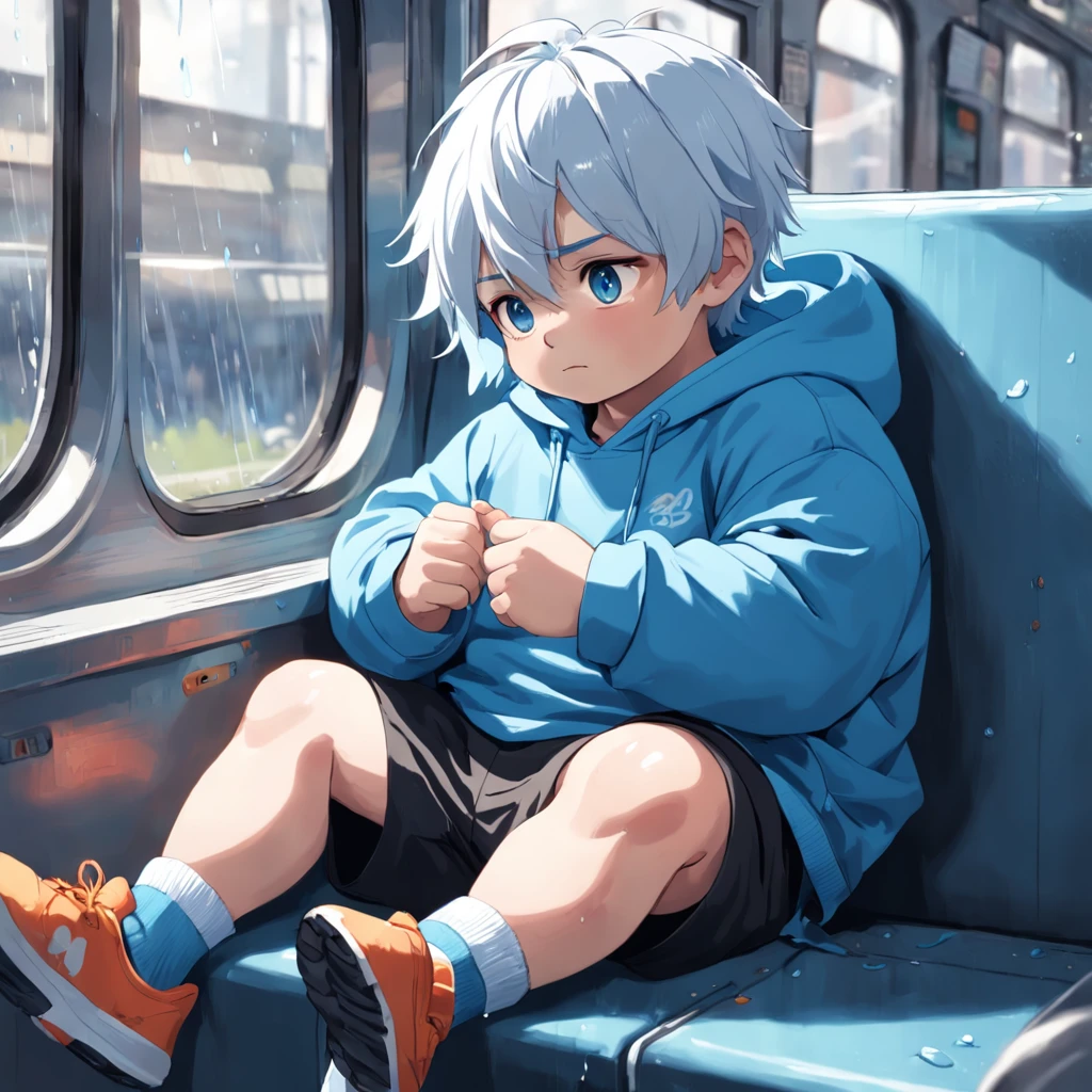 Masterpiece, chubby boy with white hair and shiny bright blue eyes and small socks wearing a hoodie, and oversized sweatpants sitting in a train, raining outside window, young, boy, child,l, toddsoft lit, (sweatpants:1.4), (Boy:1.4), (Shota:1.4), (Young:1.4), (Male:1.4), (smiling:1.4), (foot:1.4), (shy:1.4), (pastel:1.0), (colors:1.0), (cute colors:1.0),