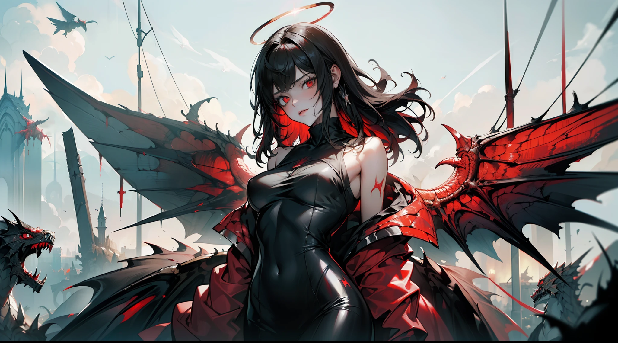 (masterpiece, best quality),((high resolution 4k)), 1lady, solo, (white Scales, scaly body), halo, wings,fallen angel, black hair, loose waves, red eyes, (black dragon, art by hermann nitsch, zdzislaw beksinski, dariusz zawadzki, giger)