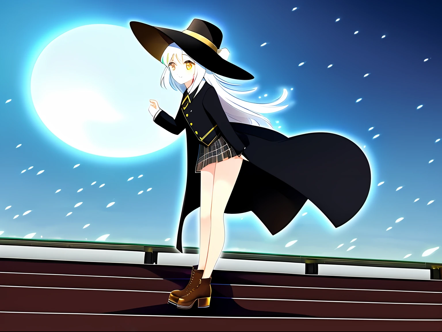 (Best quality,Masterpiece,超高分辨率),(Beautiful and detailed face),quadratic element,1girll,Height 148cm,Poor milk,white long straight hair,Golden pupils,Evil laughter,Wide-brimmed high-top felt hat,Large black coat,pleatedskirt,Bare legged,Brown booties,the night,High-rise roof,Jazz dance