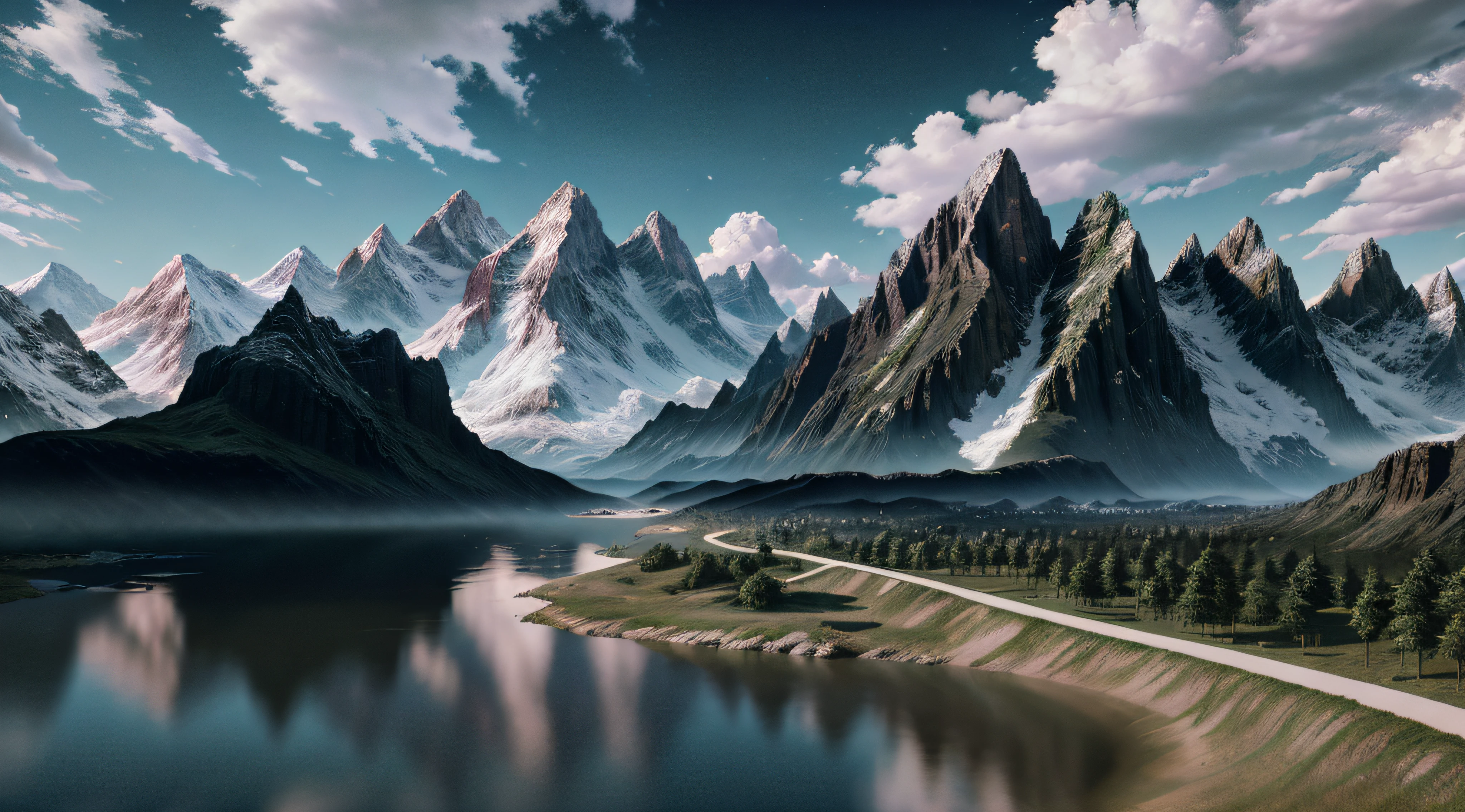masterpiece, best quality, high quality, extremely detailed CG unity 8k wallpaper, scenery, outdoors, sky, cloud, day, no humans, mountain, landscape, water, tree, blue sky, waterfall, cliff, nature, lake, river, cloudy sky,award winning photography, Bokeh, Depth of Field, HDR, bloom, Chromatic Aberration ,Photorealistic,extremely detailed, trending on artstation, trending on CGsociety, Intricate, High Detail, dramatic, art by midjourney