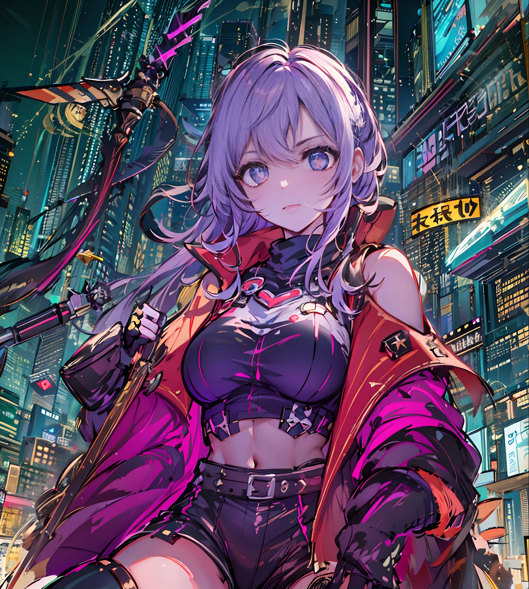 Noite, Fundo colorido da cidade cyberpunk, chuva, Rua , seele,honkai impact,1menina, seios, recorte de decote, recorte de roupa, crop top, sombra, presas, gradient hair, cabelo grisalho, hair rings, jaqueta, olhando para o espectador, maquiagem, umbigo, boca aberta, sombra vermelha, camisa, shorts, sem mangas, sleeveless turtleneck, manga top de colheita de gola alta, seios pequenos, solo, stomach, gola alta, topo de colheita de gola alta, cabelo de dois tons,olhos vermelhor, olhos brilhantes, Meias pretas, retroiluminado, brilhar, Surveying the audience, Low angle lens, olhando para cima lente, perfect composition, delicadeza perfeita de luz e sombra, 8k,1girl,cabelos longos,somente_Arms,ao ar livre,Nosso,Luz_sorrir