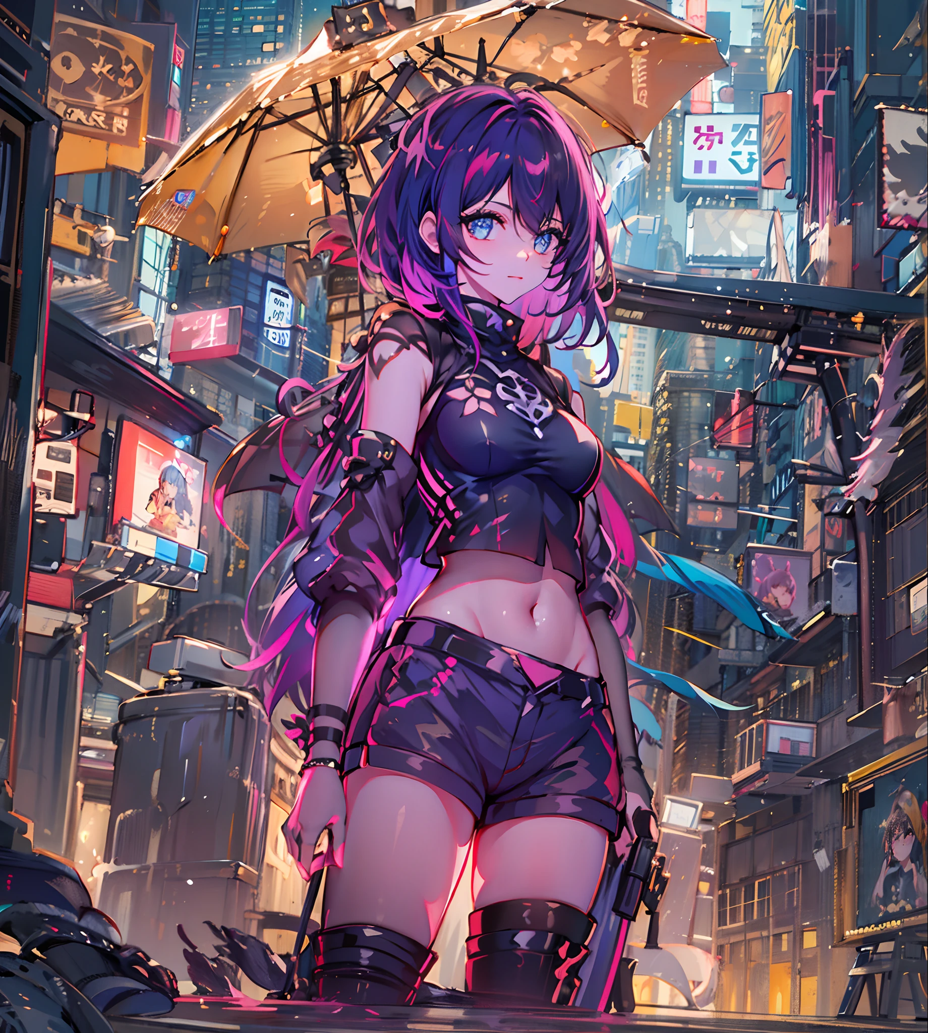 Noite, Fundo colorido da cidade cyberpunk, chuva, Rua , seele,honkai impact,1menina, seios, recorte de decote, recorte de roupa, crop top, sombra, presas, gradient hair, cabelo grisalho, hair rings, jaqueta, olhando para o espectador, maquiagem, umbigo, boca aberta, sombra vermelha, camisa, shorts, sem mangas, sleeveless turtleneck, manga top de colheita de gola alta, seios pequenos, solo, stomach, gola alta, topo de colheita de gola alta, cabelo de dois tons,olhos vermelhor, olhos brilhantes, Meias pretas, retroiluminado, brilhar, Surveying the audience, Low angle lens, olhando para cima lente, perfect composition, delicadeza perfeita de luz e sombra, 8k,1girl,cabelos longos,somente_Arms,ao ar livre,Nosso,Luz_sorrir