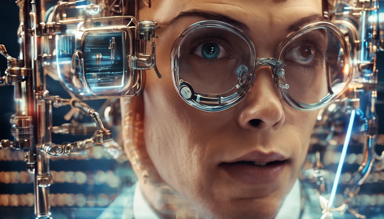 Face of a time traveler with futuristic glasses