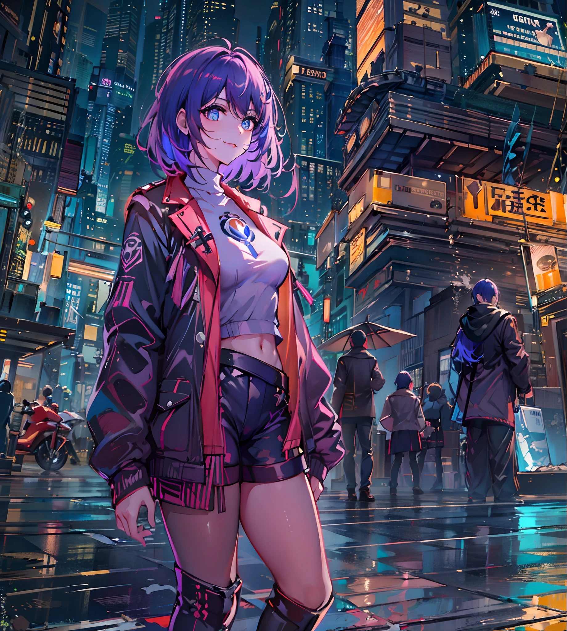 Noite, Fundo colorido da cidade cyberpunk, chuva, Rua , seele,honkai impact,1******, seios, recorte de decote, recorte de roupa, crop top, sombra, presas, gradient hair, cabelo grisalho, hair rings, jaqueta, olhando para o espectador, maquiagem, umbigo, boca aberta, sombra vermelha, camisa, shorts, sem mangas, sleeveless turtleneck, manga top de colheita de gola alta, seios pequenos, solo, stomach, gola alta, topo de colheita de gola alta, cabelo de dois tons,olhos vermelhor, olhos brilhantes, Meias pretas, retroiluminado, brilhar, Surveying the audience, Low angle lens, olhando para cima lente, perfect composition, delicadeza perfeita de luz e sombra, 8k,1girl,cabelos longos,somente_Arms,ao ar livre,Nosso,Luz_sorrir