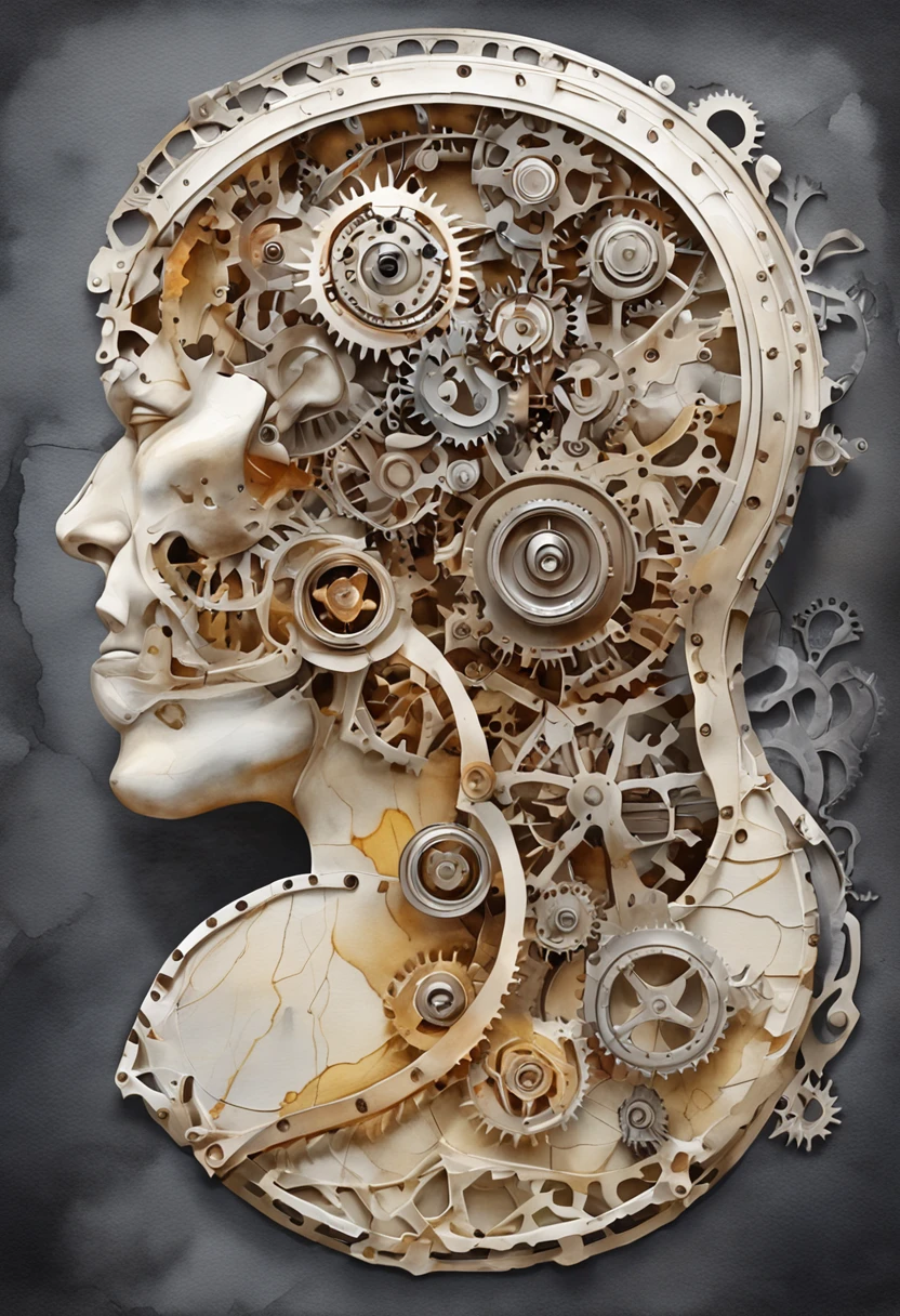 an open human head and inside mechanical gear
