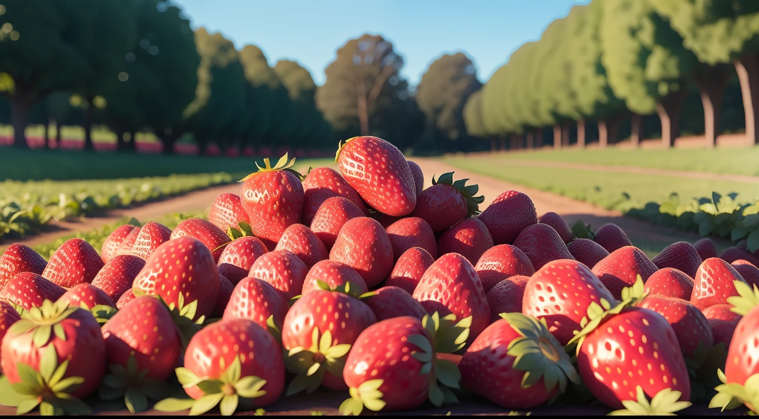 Strawberry field with lots of strawberries, sunny day, Picture taken from the ground , high quality , beautiful picture , Disney Pixar style