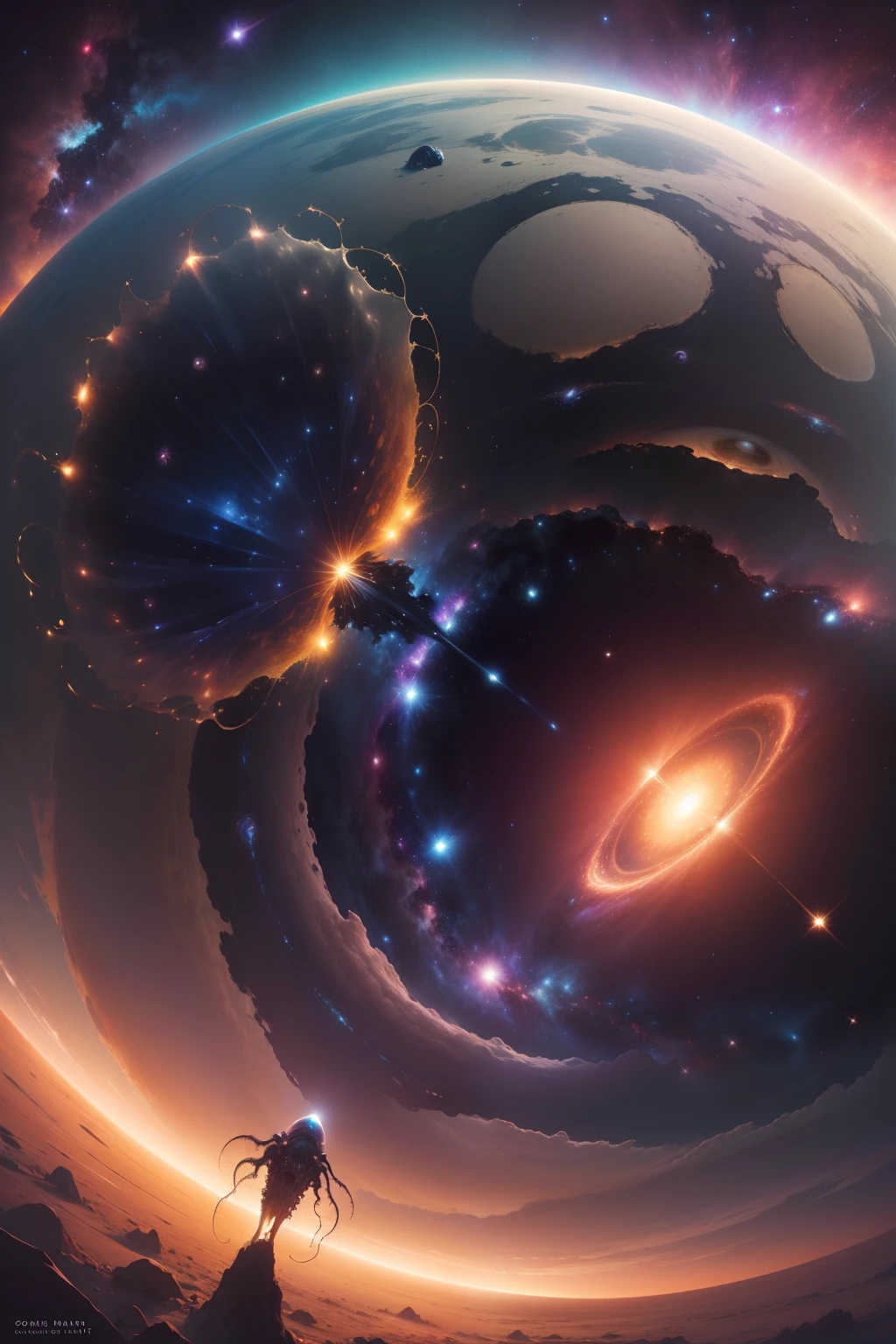 (masterpiece, best quality, high resolution) "Cosmic Horror": A breathtaking view of space reveals a distorted galaxy teeming with strange life forms and entities that defy human understanding.
