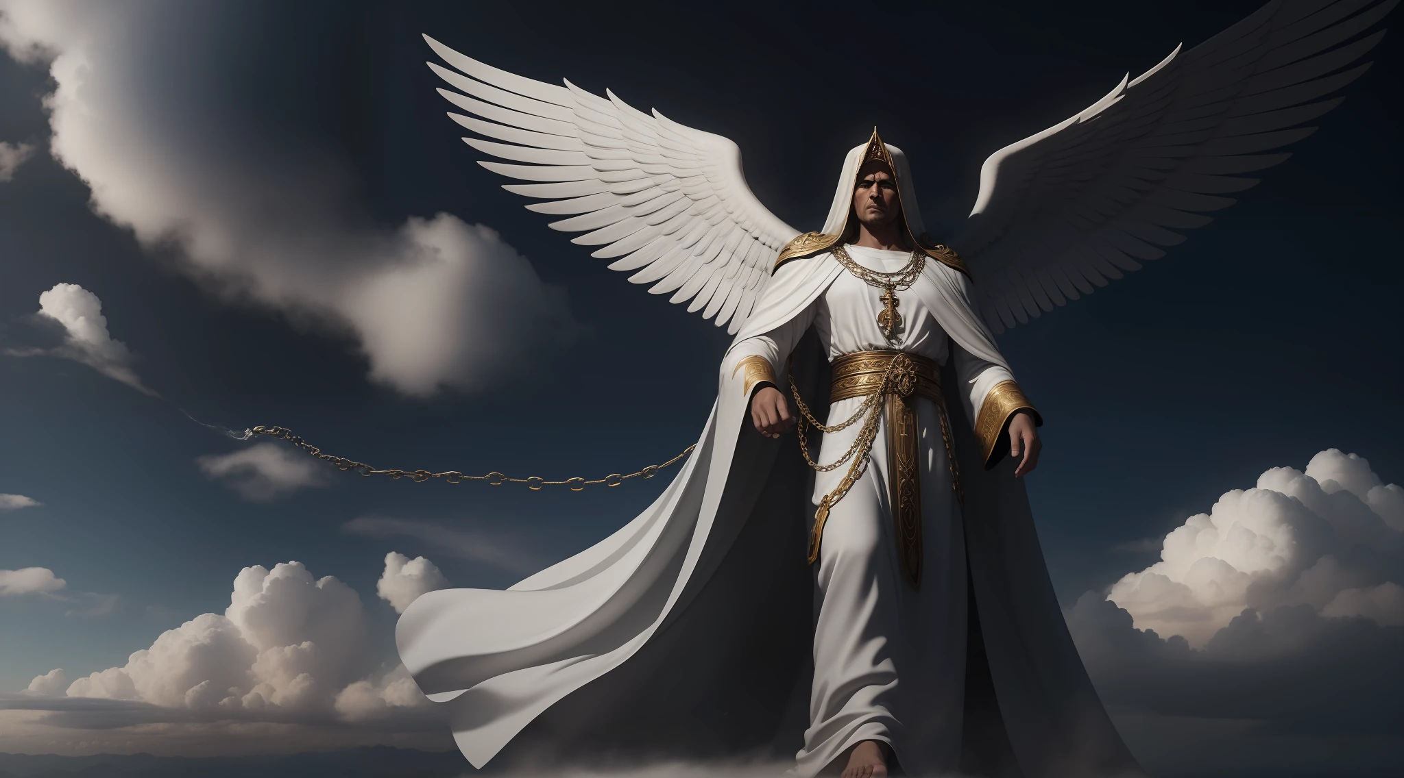 There is an angel man in a ((manto branco e detalhes dourado)) with a large chain in hand and, On the other hand, uma grande chave, O Deus Imperador da Humanidade, picture of a male cleric, perfect face descending from the cloud-covered sky in an imposing manner, muitas nuvens ambiente do apocalipse, neblina e ambiente do apocalipse... Realistic epic image. Seja Angelical, angel descending from heaven with white heavenly robe and a chain in his hands. Motor Unreal 5.