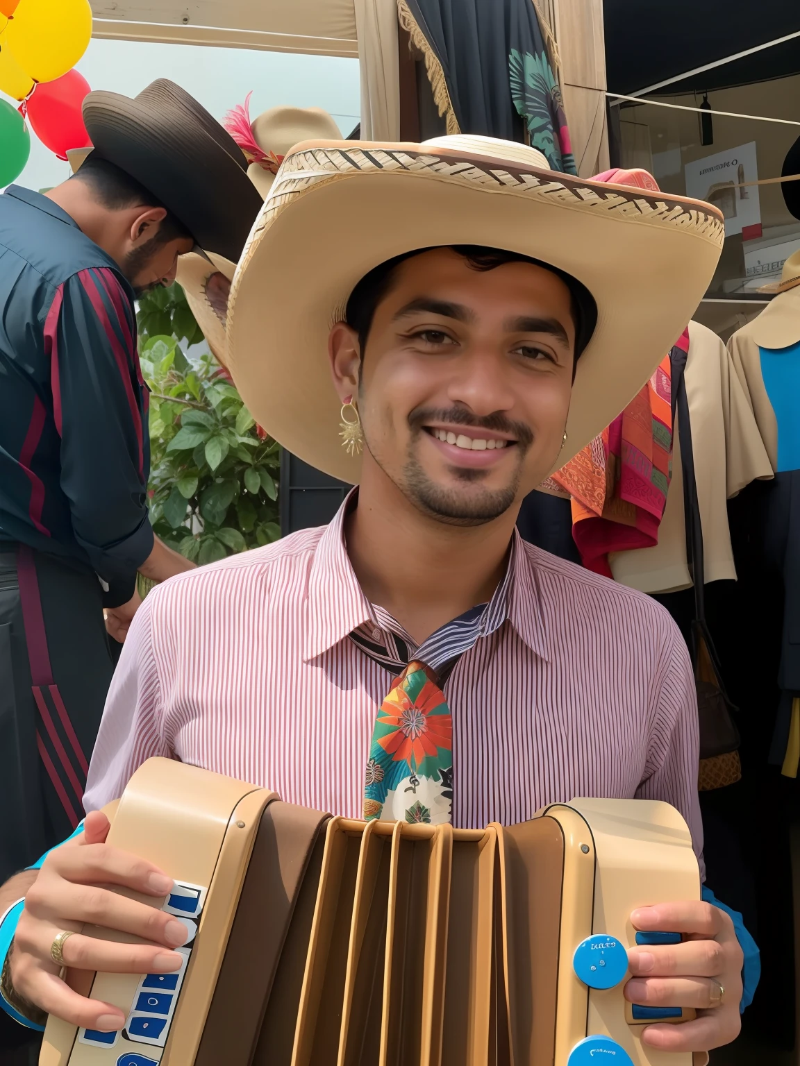 Araffe man in a straw hat holding a brown accordion, folclore, Cristiano Orrillo, 🤠 usando um 🖥, Tema Cowboy, mexicano, wearing a hat, Folclore mexicanoo, kalap, Vaquero mexicanoo, humano vestido como um touro, artista desconhecido, andres rios, daniel mirante, traje completo, caio santos