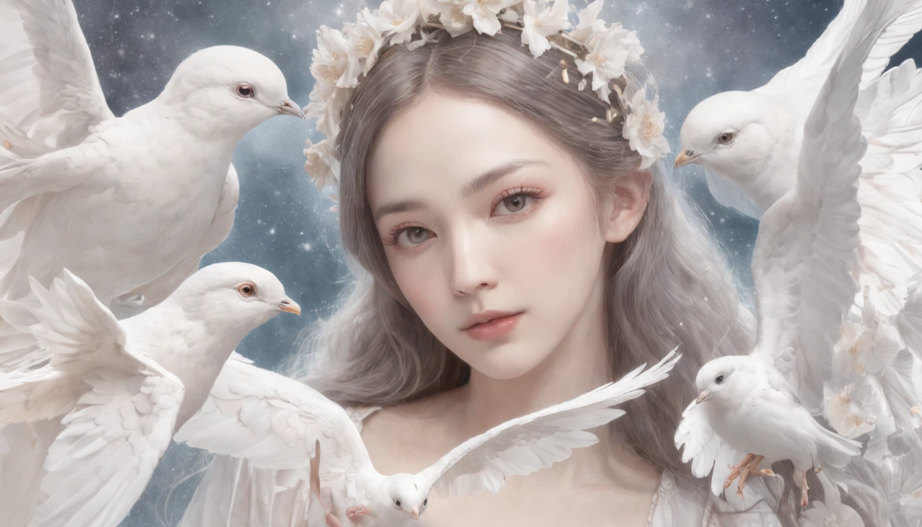 a drawing,The painting depicts a woman with white wings and a dove, inspired by Miho Hirano, watercolor detailed art, author:Mary Angel, inspired by Naoko Takeuchi, inspired by Marie Angel, Alphonse mucha and rossdraws, ethereal fairytale, Inspired by Rebecca Gay, trending on artstration, watercolor colored painting, Watercolor illustration style, goddess of love and peace, Mysterious, Club, Futago, GoPro view, Texturing, High contrast, game icon, Bohemian colors, McBling, x-ray lighting, Super detailed, photorealistic materials, interior design, V-Ray render, 4k