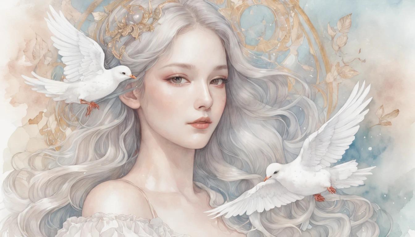 a drawing，The painting depicts a woman with white wings and a dove, inspired by Miho Hirano, watercolor detailed art, author：Mary Angel, inspired by Naoko Takeuchi, inspired by Marie Angel, Alphonse mucha and rossdraws, ethereal fairytale, Inspired by Rebecca Gay, trending on artstration, watercolor colored painting, Watercolor illustration style, goddess of love and peace, Mysterious, Club, Futago, GoPro view, Texturing, High contrast, game icon, Bohemian colors, McBling, x-ray lighting, Super detailed, photorealistic materials, interior design, V-Ray render, 4k