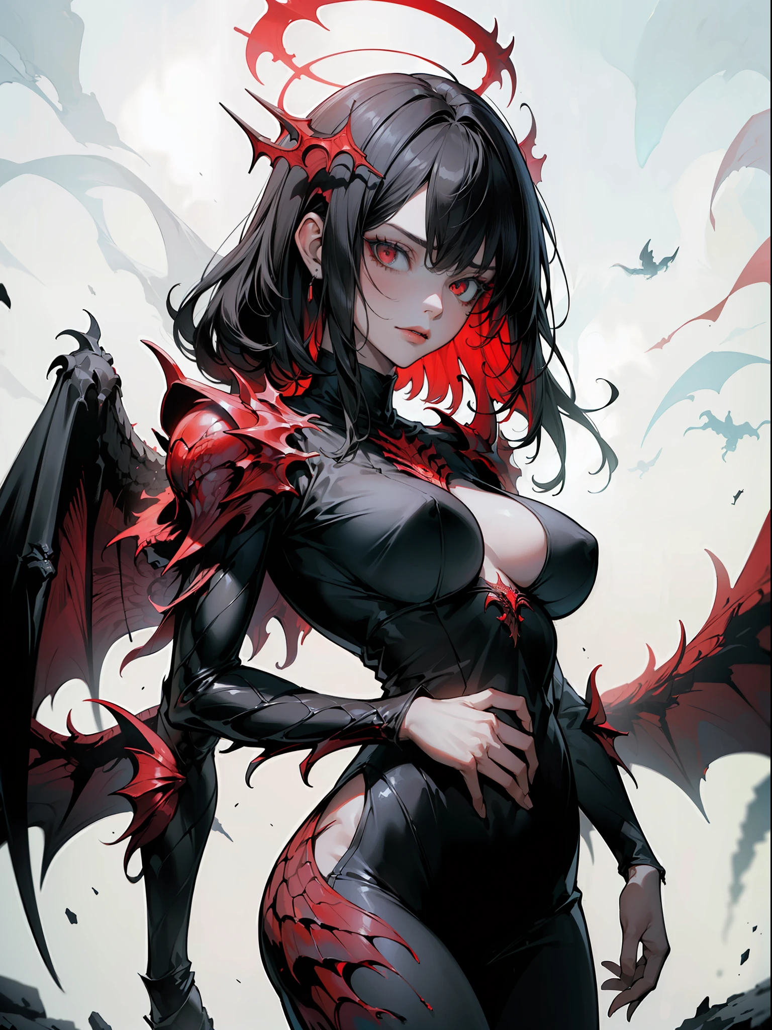 (masterpiece, best quality),((high resolution 4k)), 1lady, solo, (white Scales, scaly body), halo, wings,fallen angel, black hair, loose waves, red eyes, (black dragon, art by hermann nitsch, zdzislaw beksinski, dariusz zawadzki, giger)