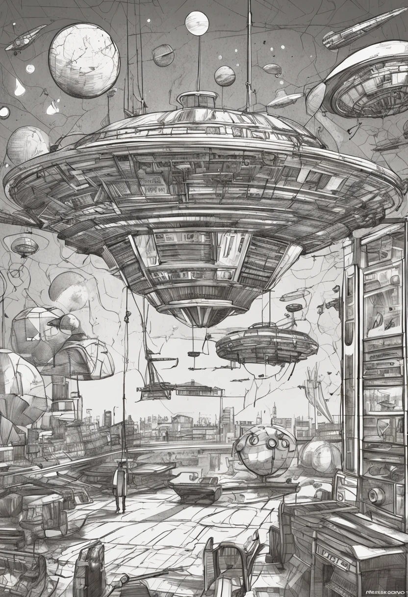 alien spaceship, disco voador, in the style of DaVinci invention sketches, papel velho, esquema, abduction, visualizador de baixo