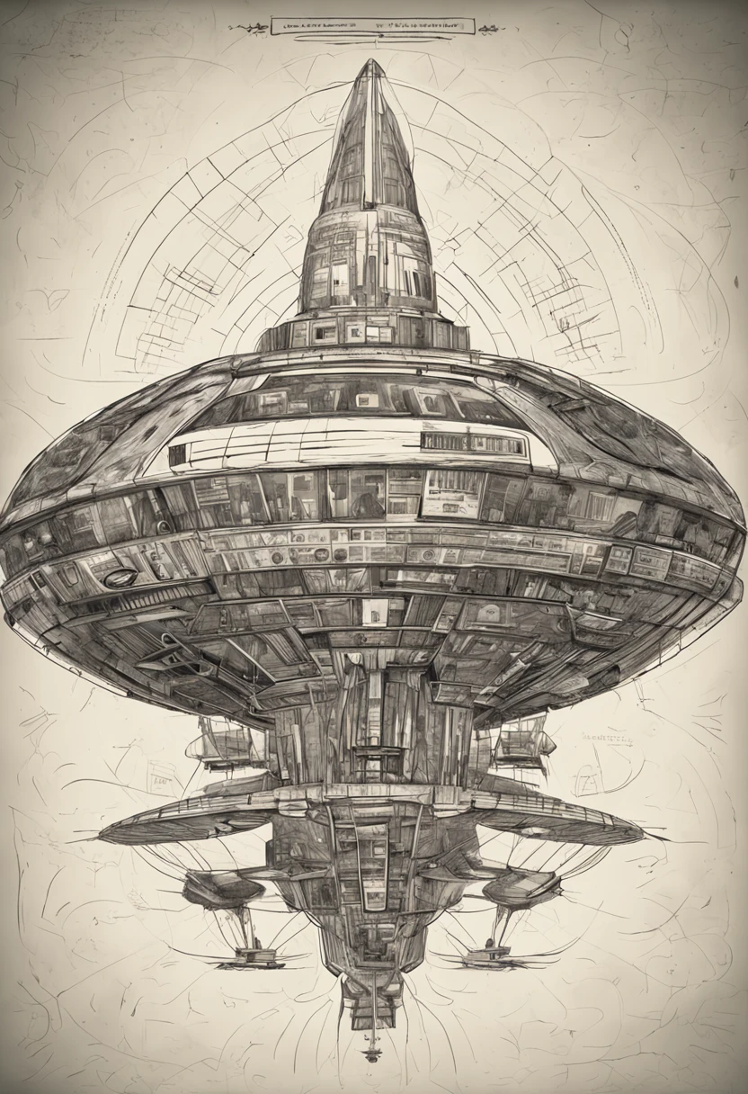 alien spaceship, disco voador, in the style of DaVinci invention sketches, papel velho, esquema, abduction, visualizador de baixo
