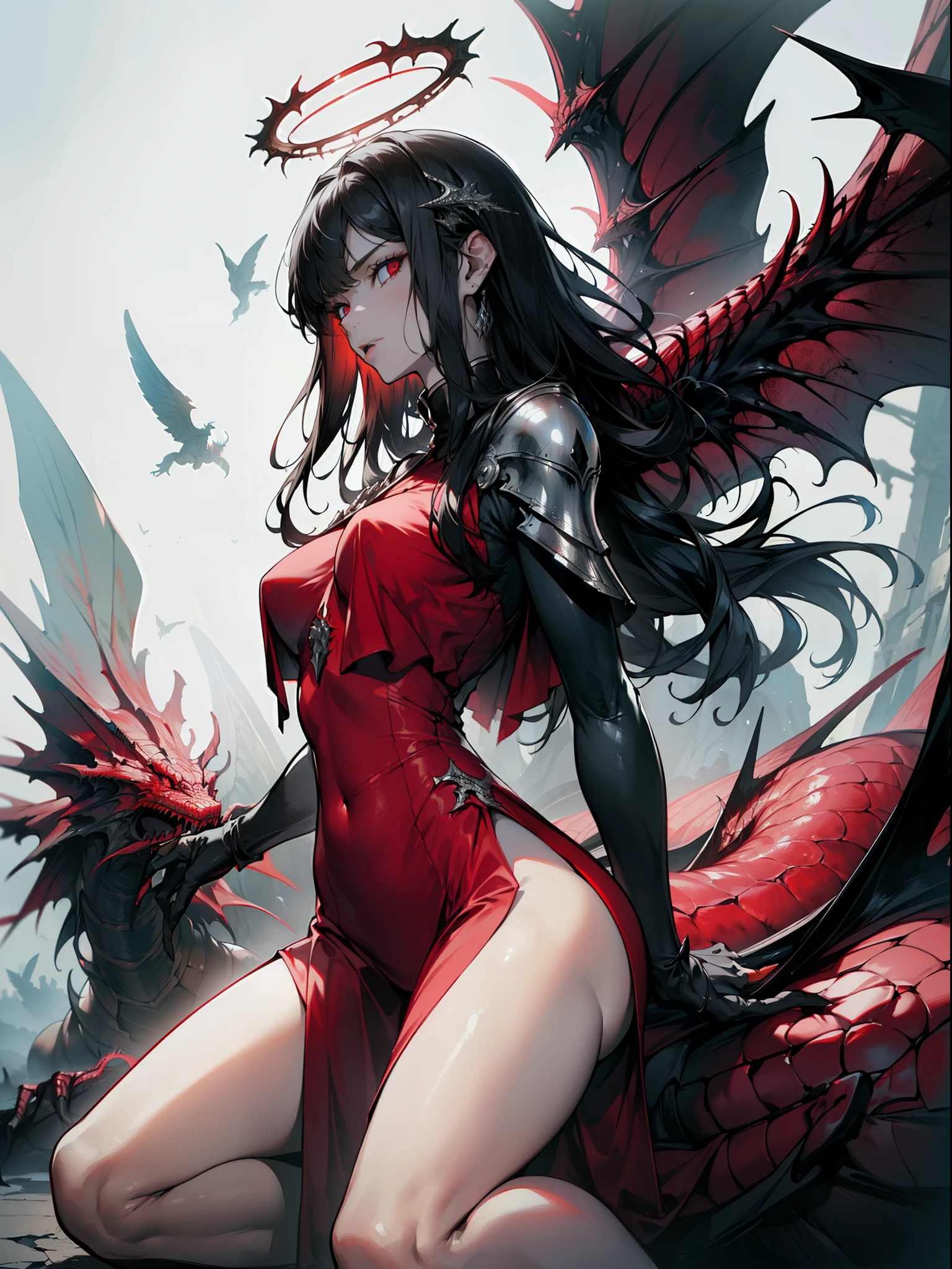 (masterpiece, best quality),((high resolution 4k)), 1lady, solo, (white Scales, scaly body), halo, wings,fallen angel, black hair, loose waves, red eyes, (black dragon, art by hermann nitsch, zdzislaw beksinski, dariusz zawadzki, giger)