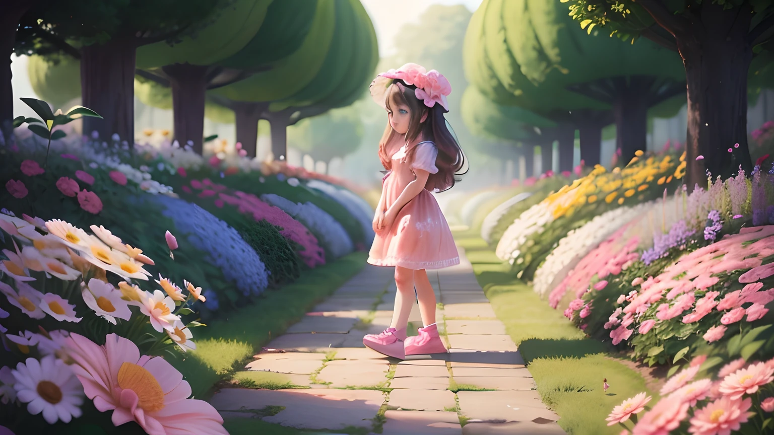 A cute  girl in pink dress is walking around a beautiful garden, crowded with beautiful flowers of various kinds and sizes, enormous flowers, big flowers, small flowers, colourful, joyful