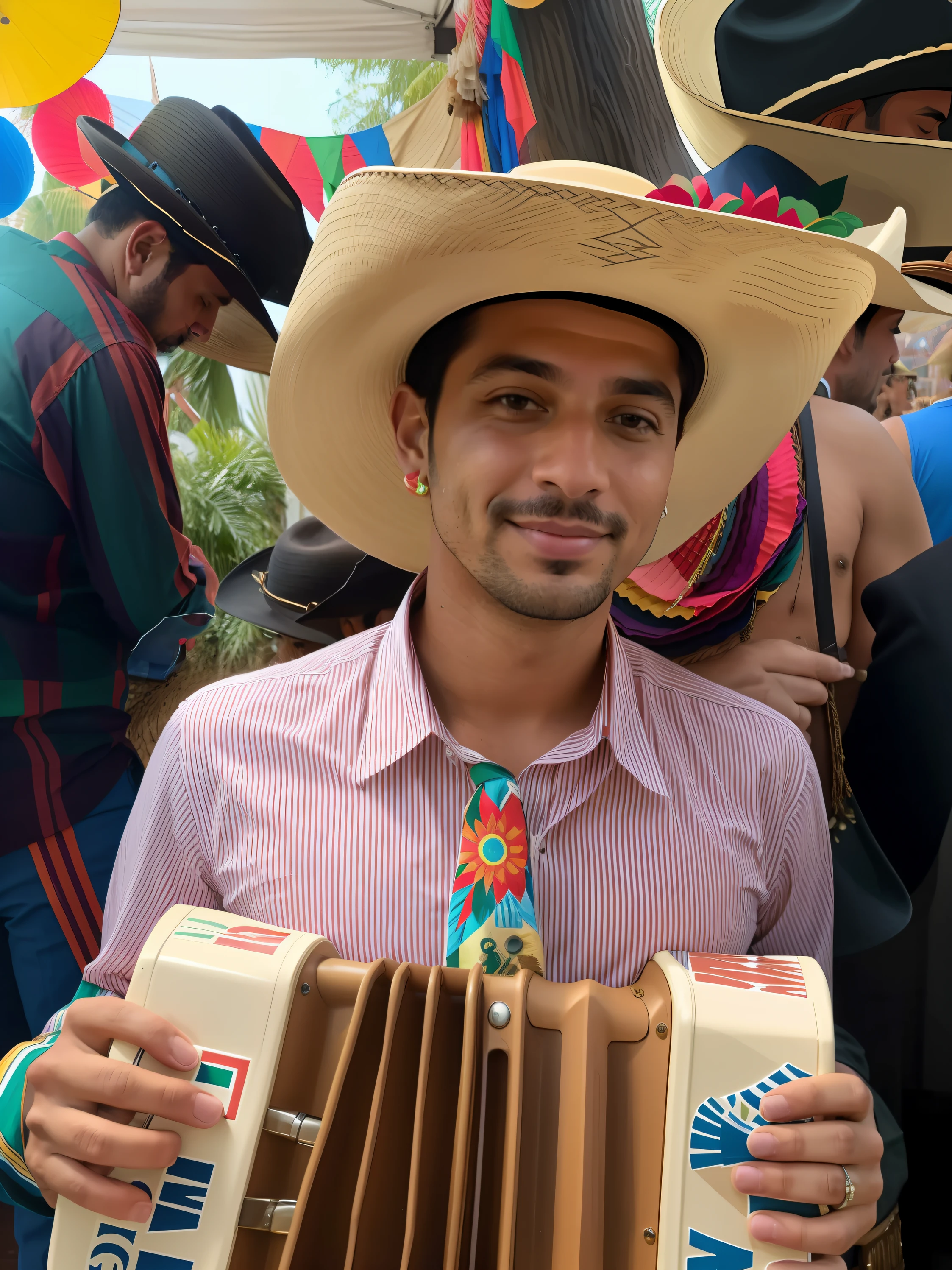 Araffe man in a straw hat holding a brown accordion, folclore, Cristiano Orrillo, 🤠 usando um 🖥, Tema Cowboy, mexicano, wearing a hat, Folclore mexicanoo, kalap, Vaquero mexicanoo, humano vestido como um touro, artista desconhecido, andres rios, daniel mirante, traje completo, caio santos