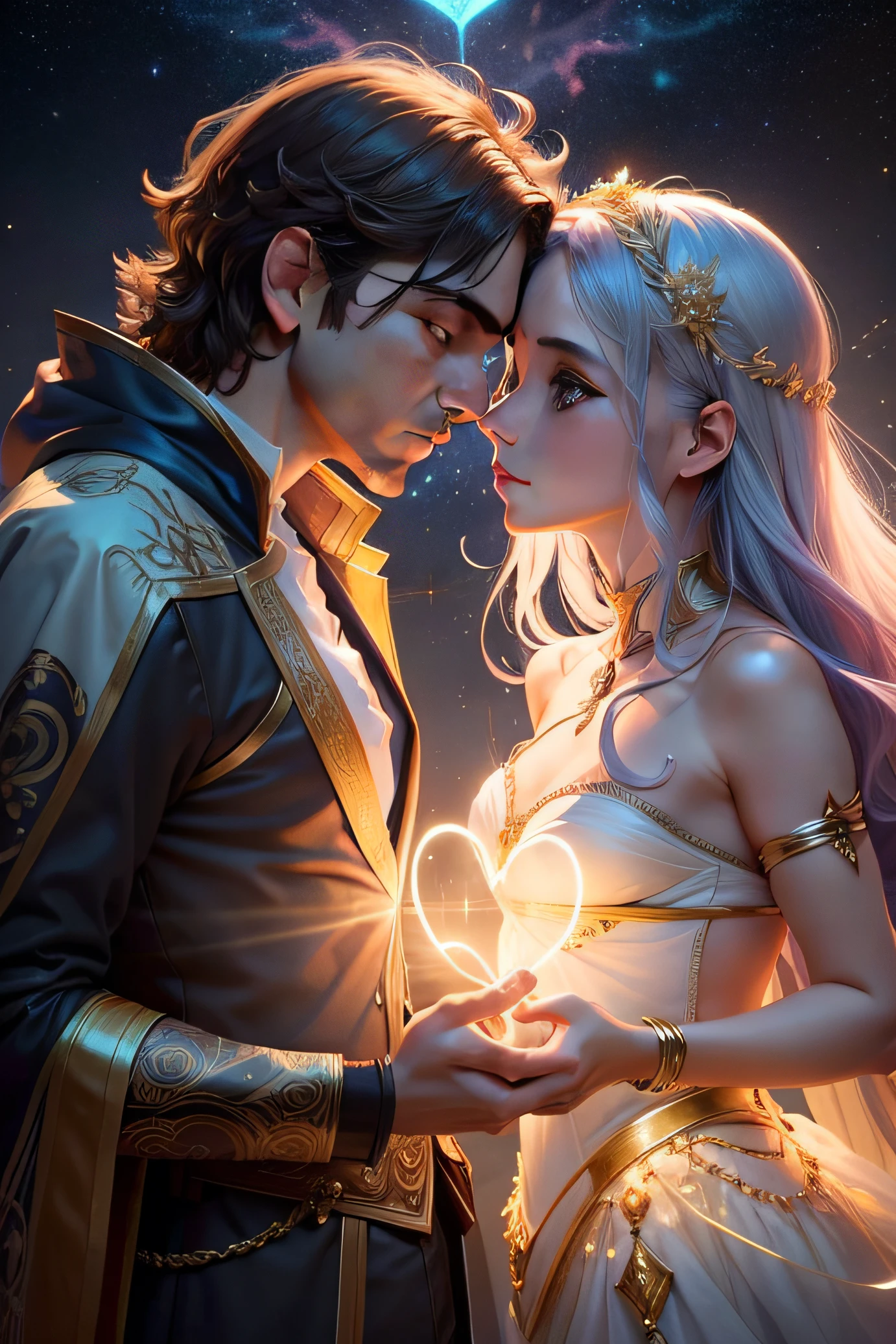 "Por favor, Create an image that encapsulates the fusion between human love and the supernatural realm, with projections of the heart extending across the universe. The scene should depict a man in love and a woman's spirit in love, sharing an intense and transcendental connection.
Visualize a scenario where reality and spirituality intertwine. No centro da imagem, A man with a passionate look finds himself holding hands with a feminine spirit. She's ethereal, with a soft and translucent glow, evoking a supernatural presence.
From the heart of man, radiates a luminous and sparkling heart, estendendo-se para envolver ambos. The projections of the heart create a radiant aura that connects the couple in love to the celestial and cosmic realm.
The projections of the heart also turn into trails of light that run through starry space. Some projections take the form of flowers and leaves, enquanto outras ascendem como raios de luz, Connecting to the stars and constellations, symbolizing the union between the human and the divine.
A paleta de cores deve incluir tons suaves de azul, roxo e dourado, criando uma atmosfera de romance e misticismo. The soft light emanating from the projections and aura gives the image a sense of wonder and enchantment.
The resulting image should capture the deep connection between man and the feminine spirit, with the heart as a link between the earthly and the spiritual, as they venture into the supernatural and cosmic realm."