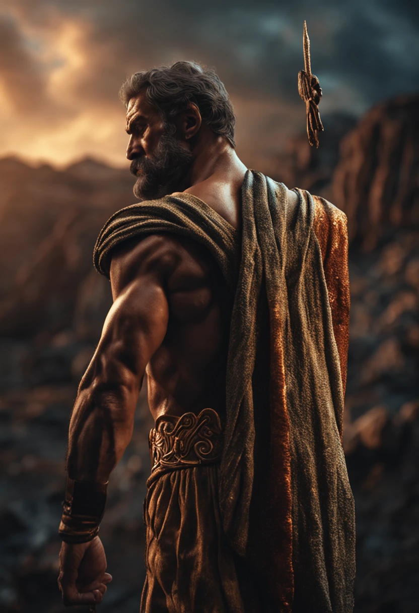 "Hercules, after completing the Twelve Labors, depicted in a state of weary yet hopeful redemption, standing against a backdrop of both divine and mortal elements, hyper-realistic, photo realism, cinematography -- ar 9:16."
