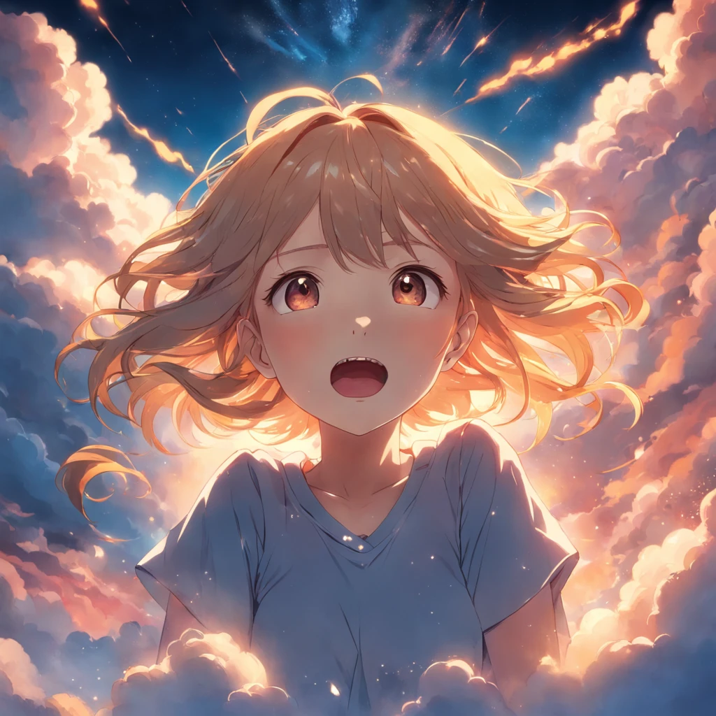 masterpiece, best quality, movie still, 1girl, cloud girl, floating in the sky, close-up, bright, happy, warm soft lighting, sunset, (sparks:0.7)